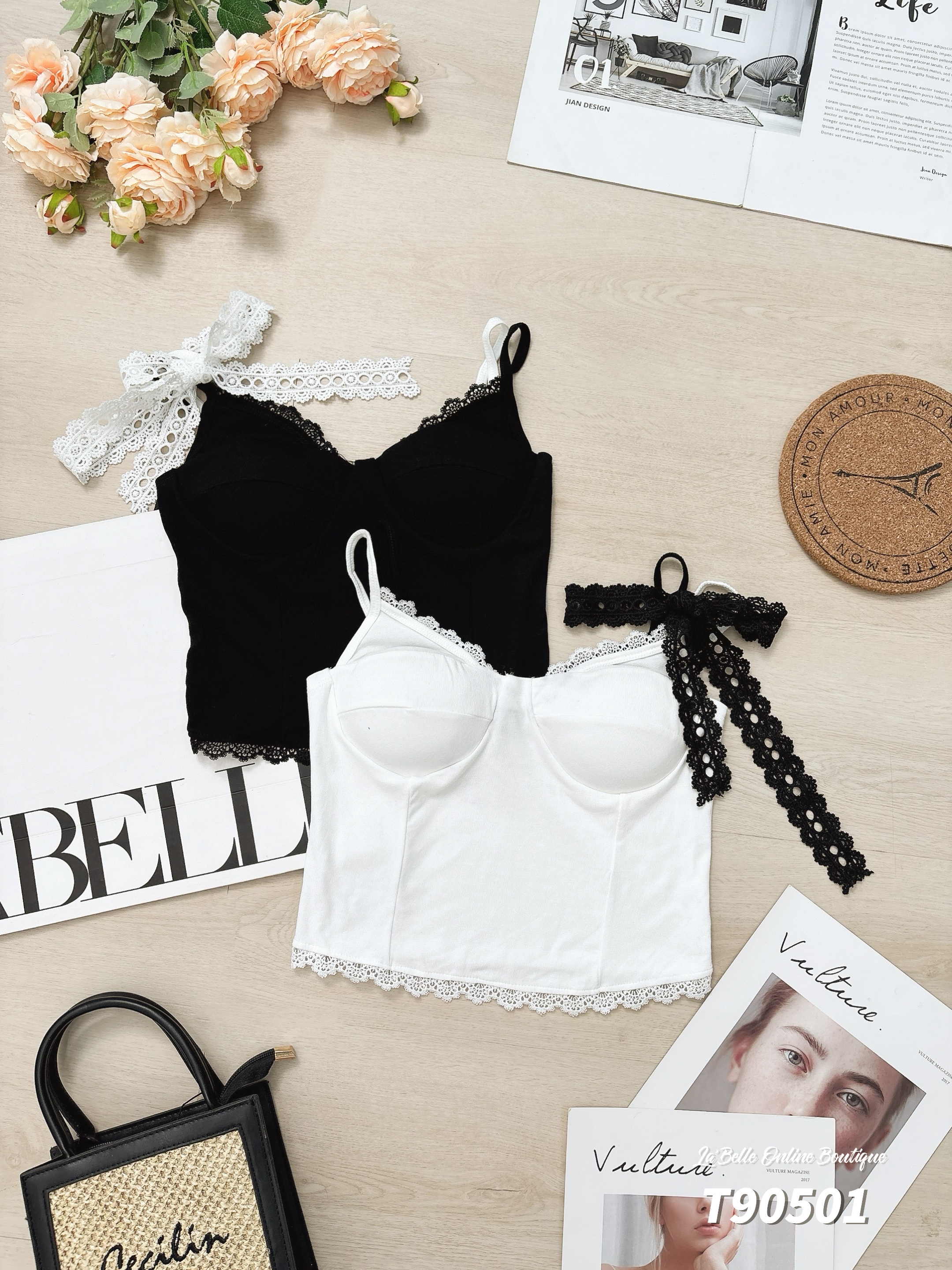 撞色蕾丝拼接设计双带上衣 (T90501)