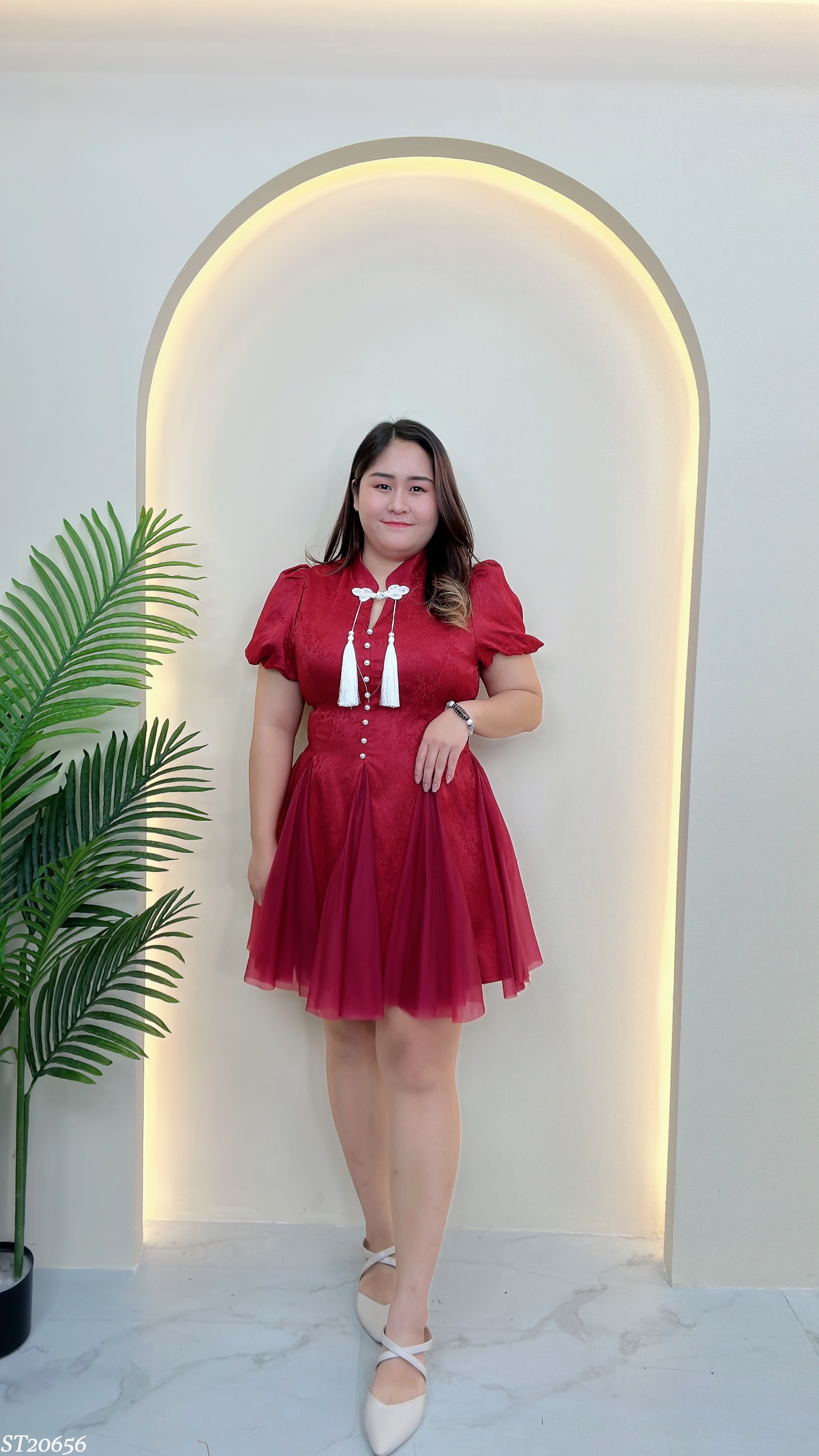 【LBP独家】精致流苏盘扣设计泡泡袖旗袍（ST20656）