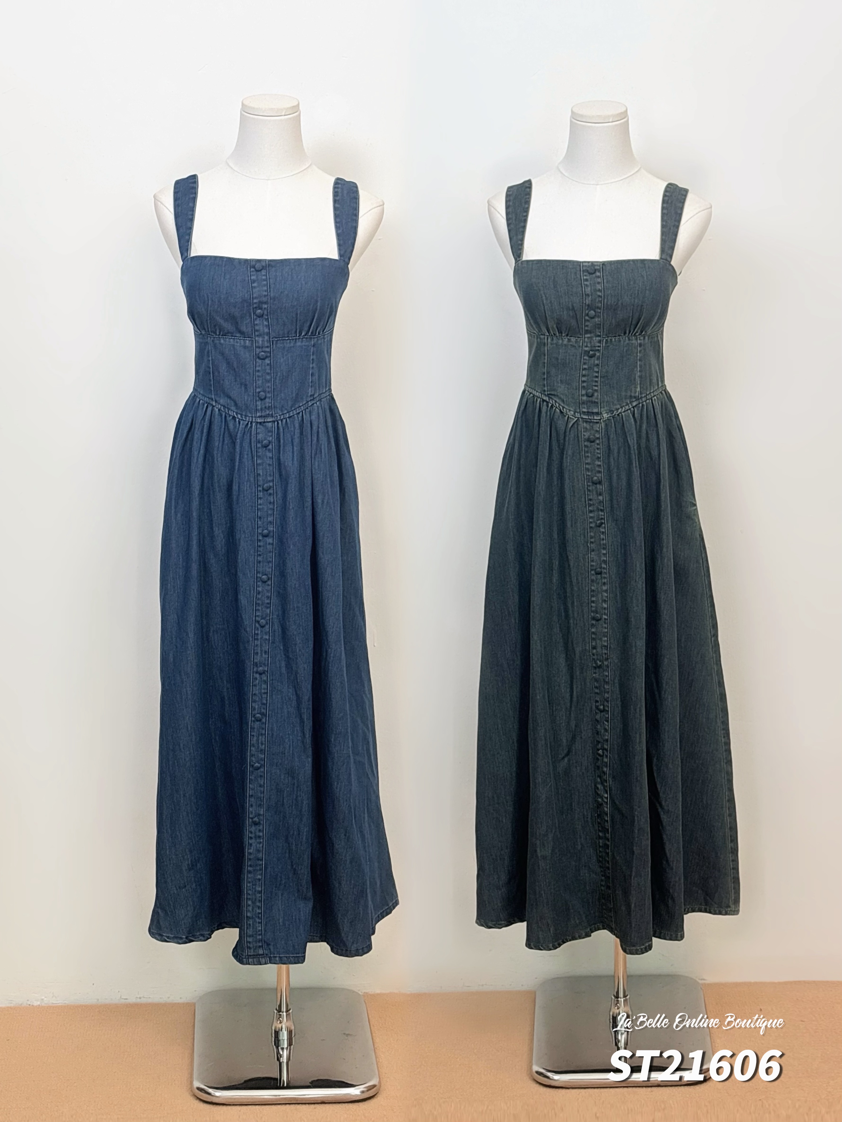 韩系排扣束腰吊带连身裙 (ST21606)