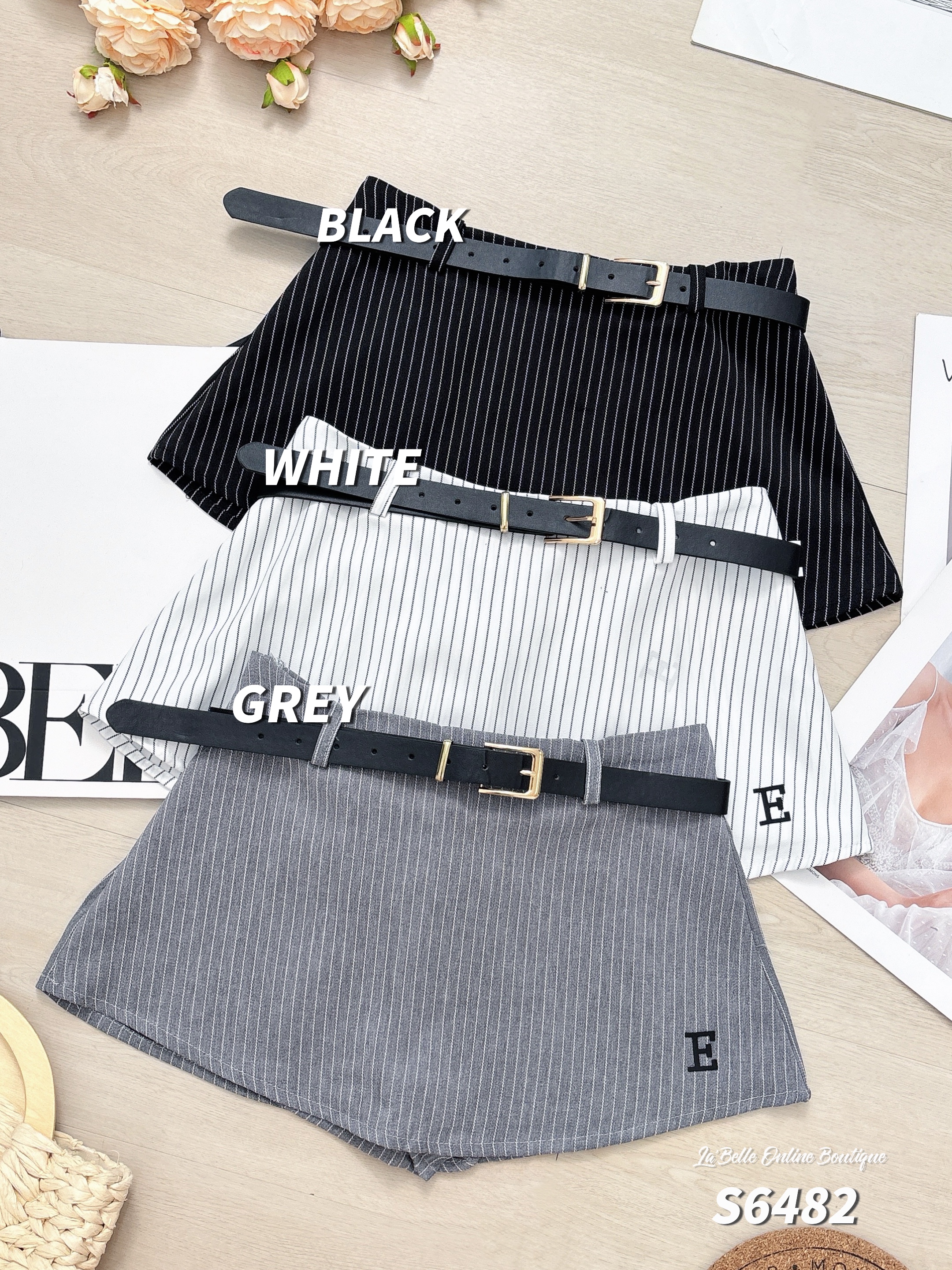 欧美风条纹设计短版高腰裤裙 (S6482)