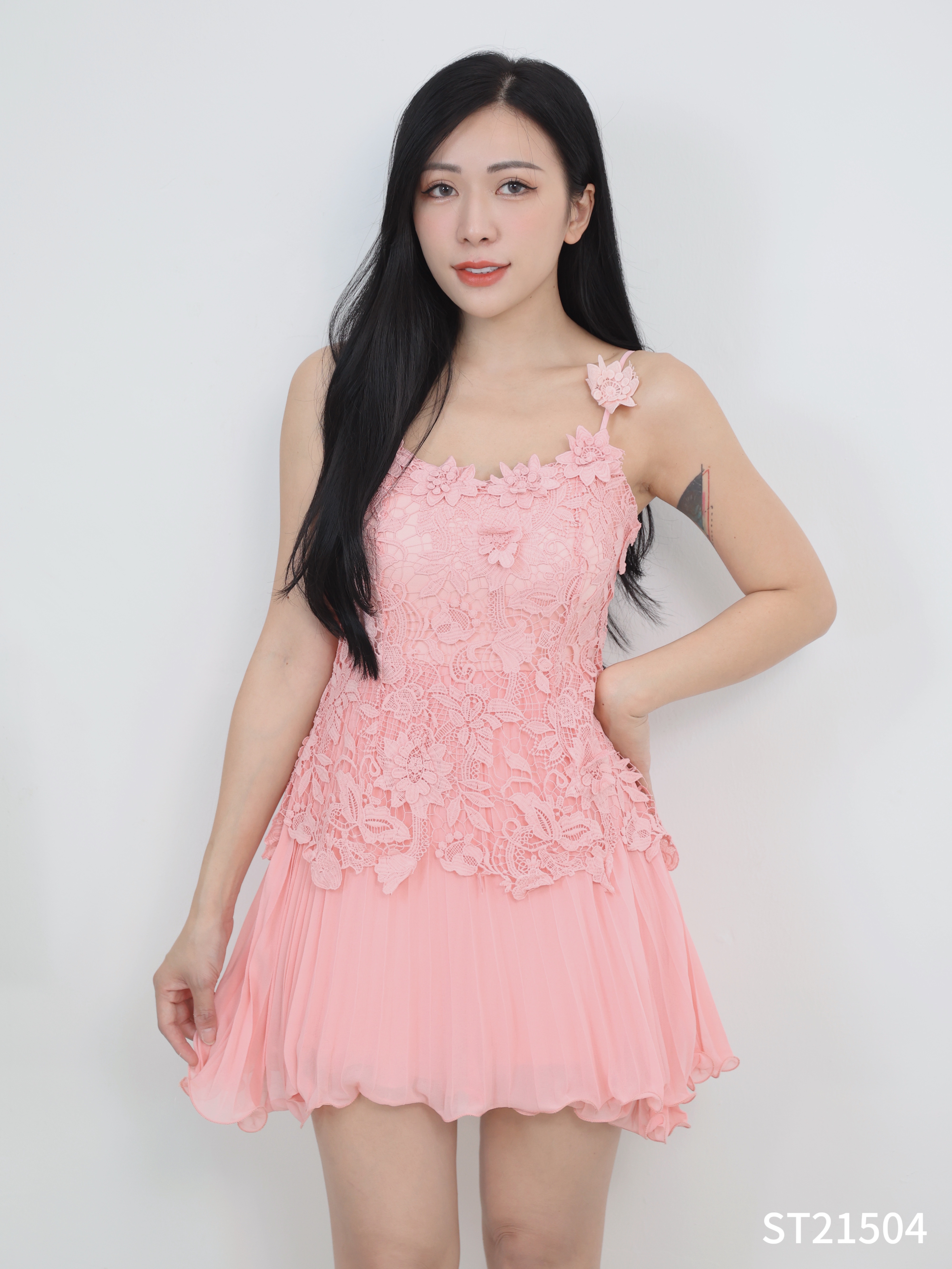 法式花朵蕾丝设计吊带连身裙 (ST21504)
