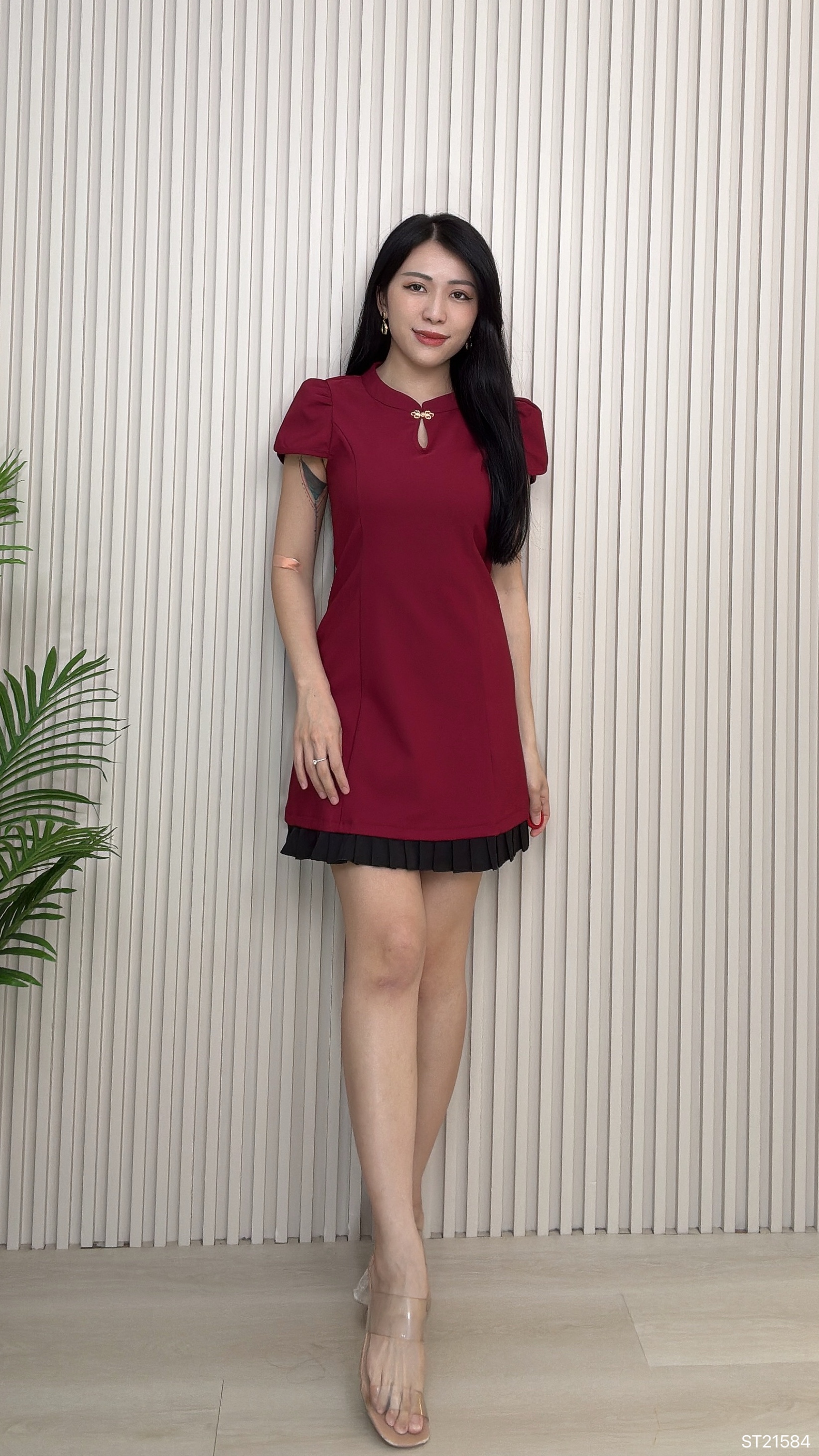 高级感撞色拼接压褶设计旗袍 (ST21584)