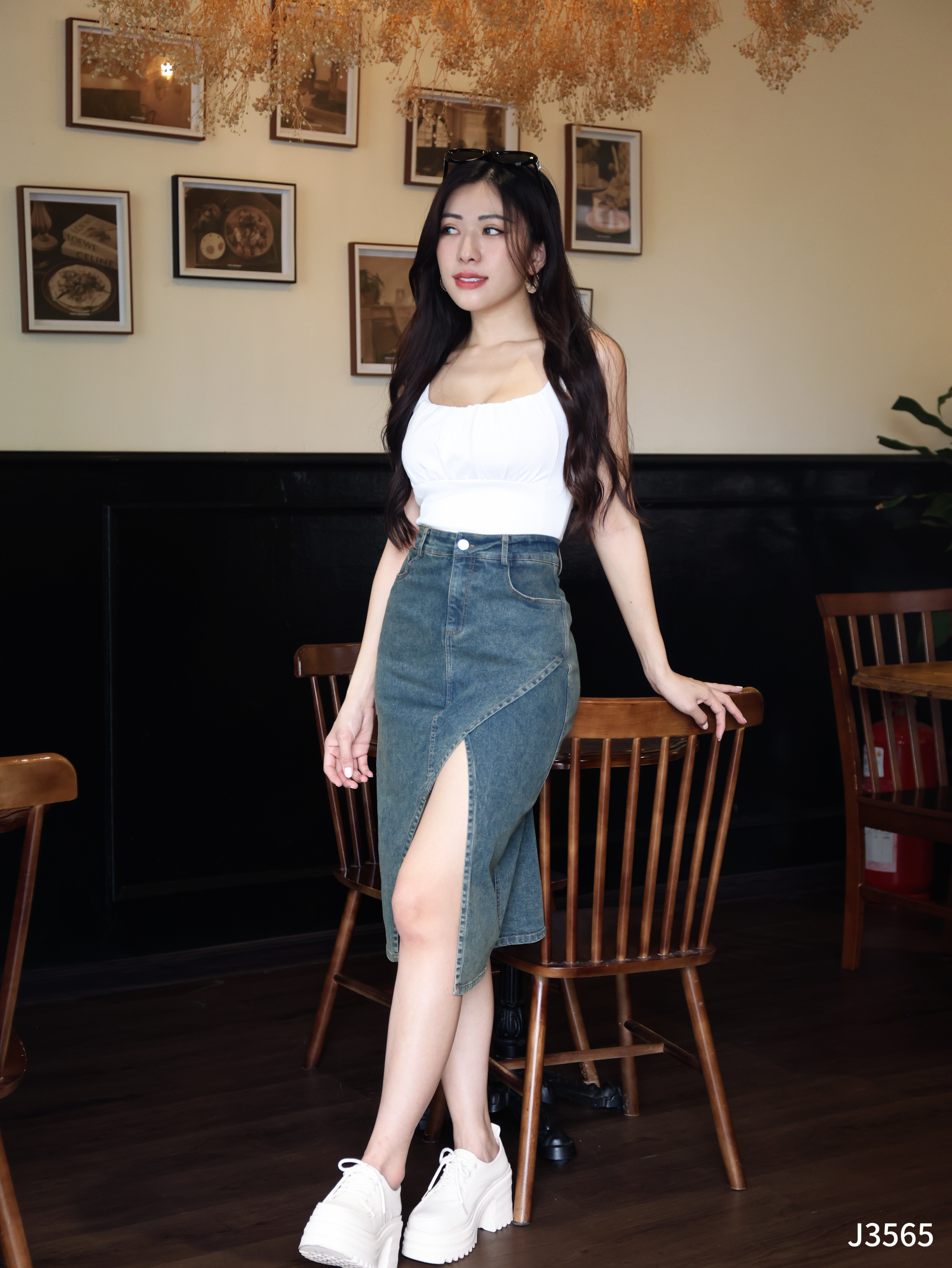 【LBP独家】时尚设计感牛仔高腰过膝裤裙 (J3565)