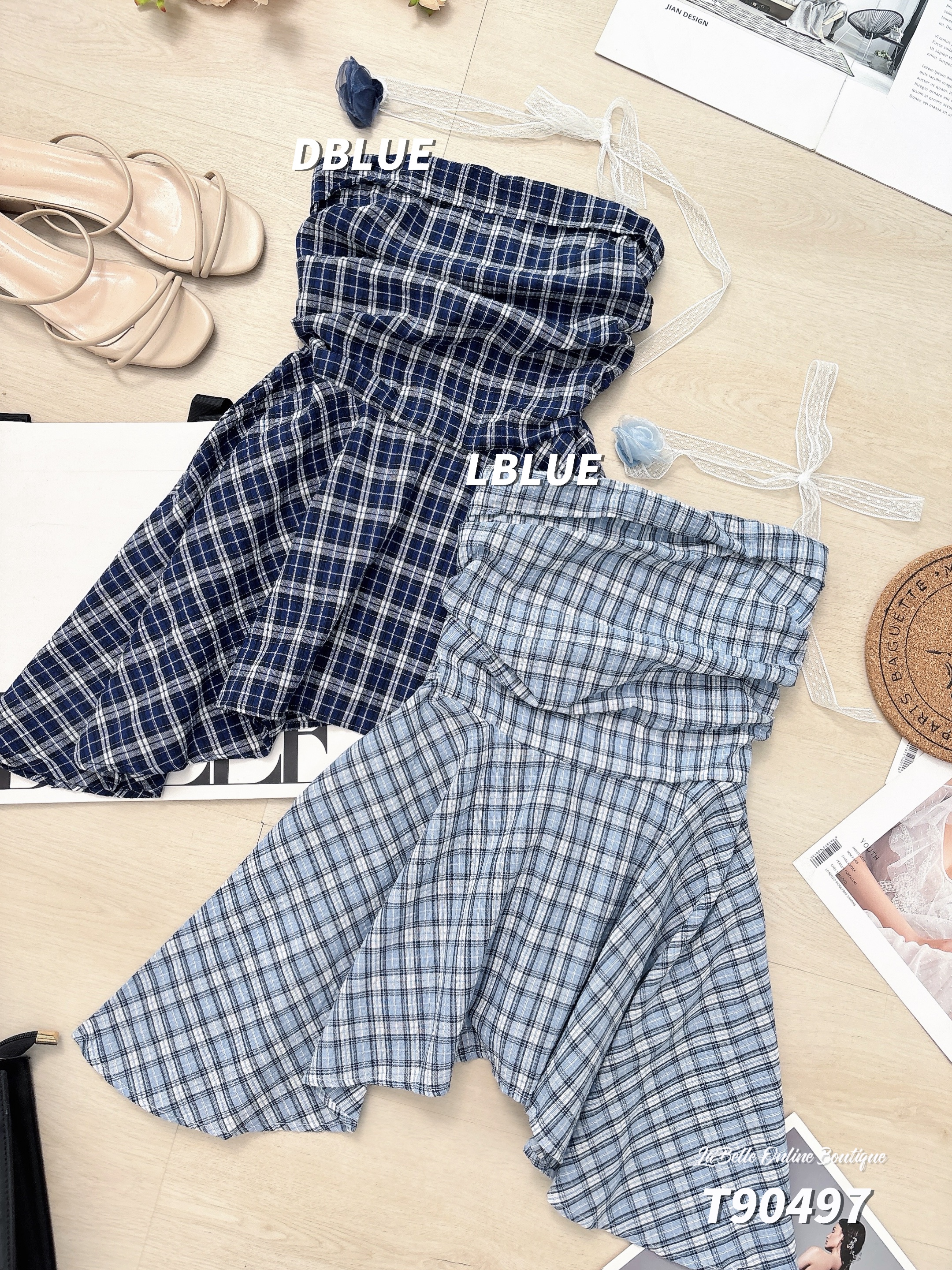 韩系不规则抹胸设计格子上衣 (T90497)