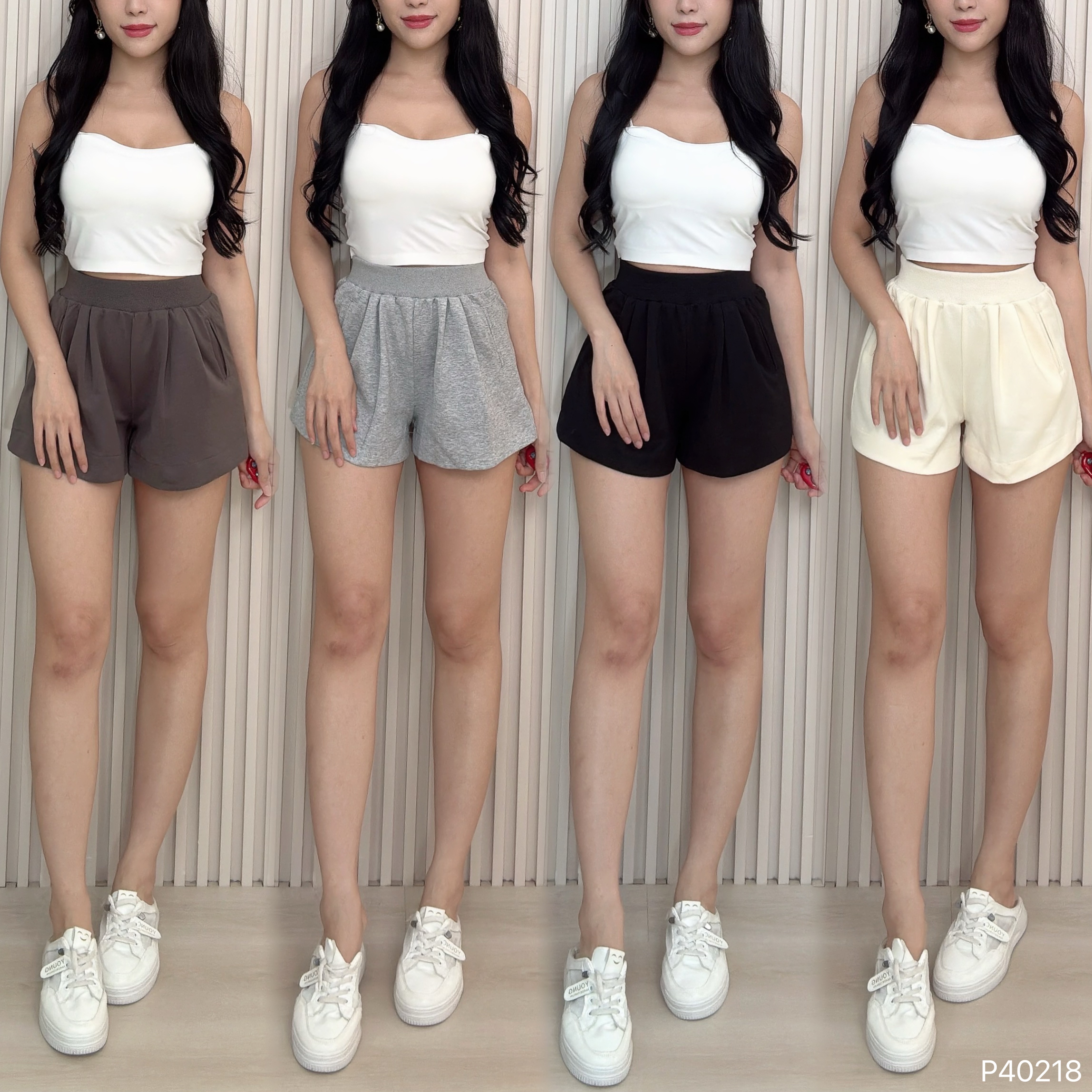 百搭压褶设计阔腿高腰短裤 (P40218)