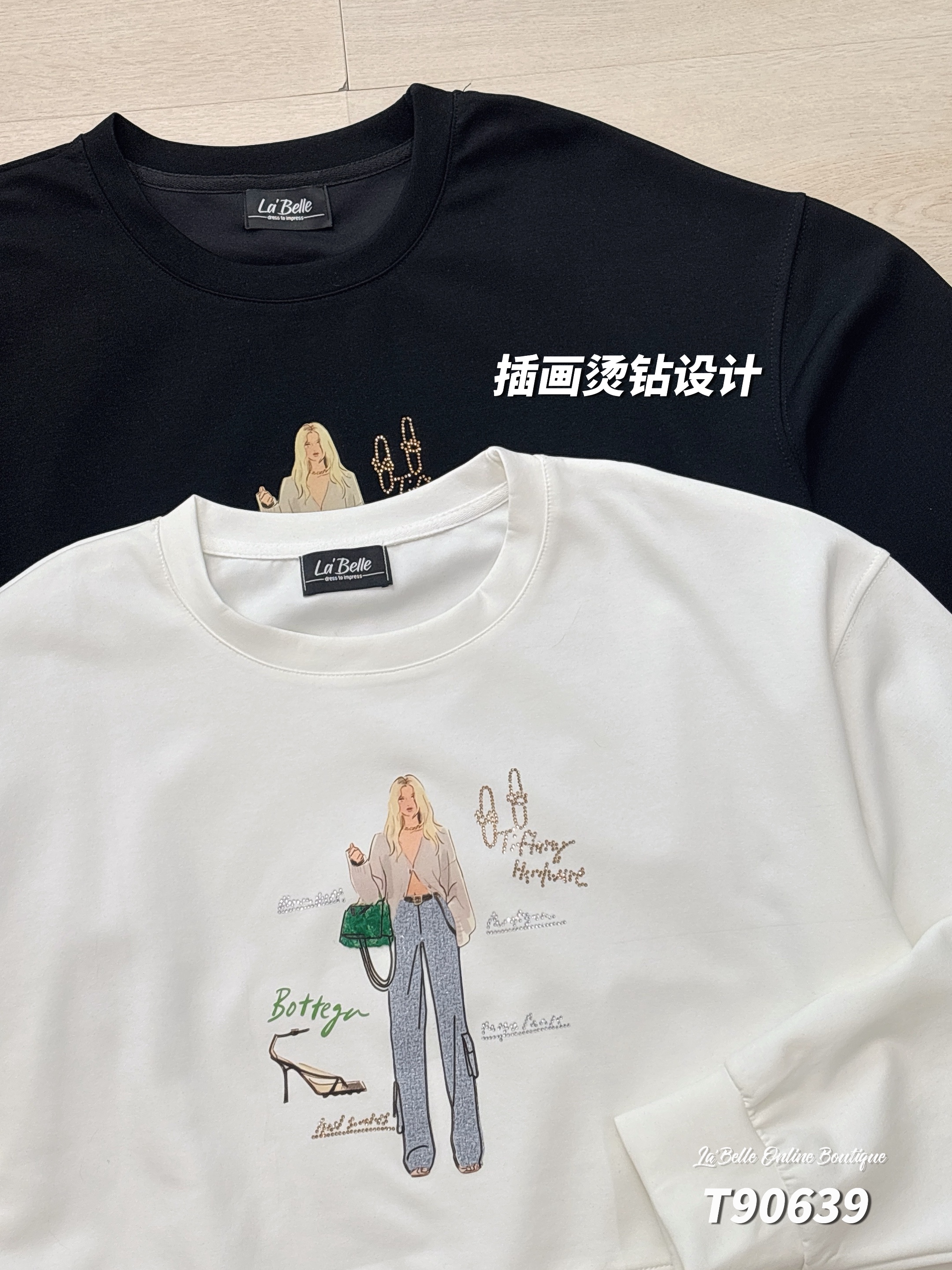 休闲风插画烫钻设计长袖上衣 (T90639)