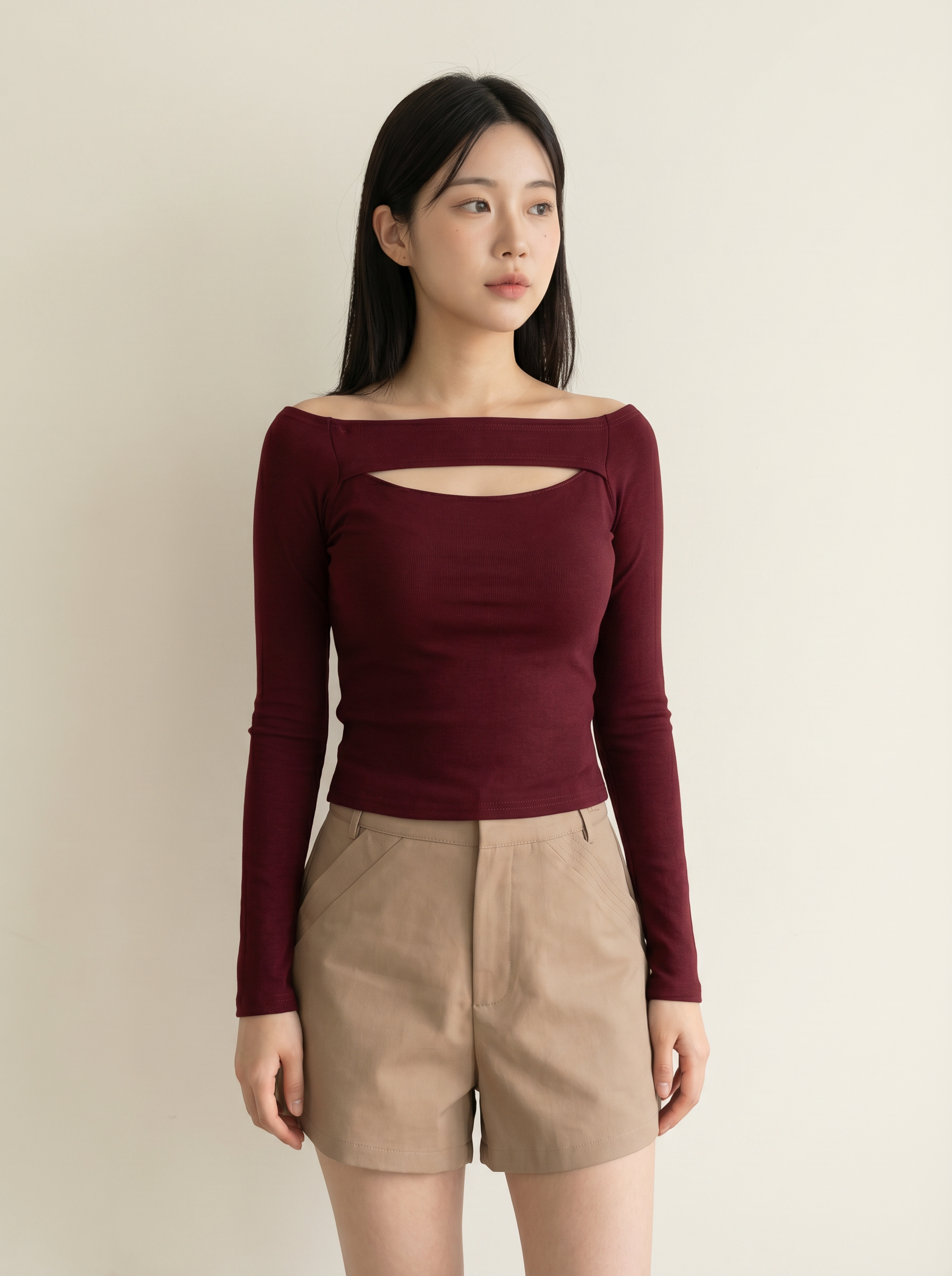 性感一字领镂空设计长袖上衣 (T90705)