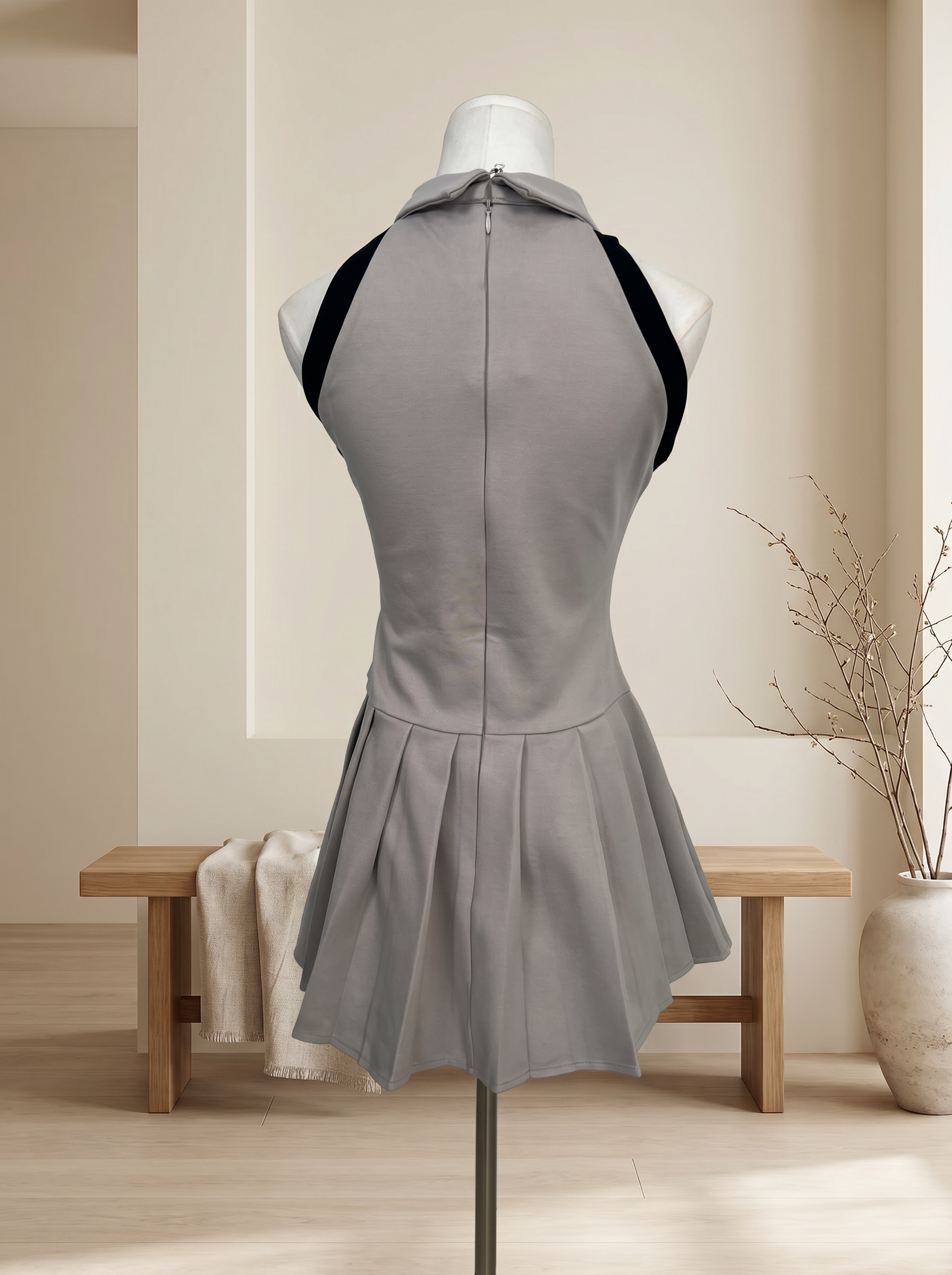 韩系削肩撞色设计百褶连身裙 (ST21629)