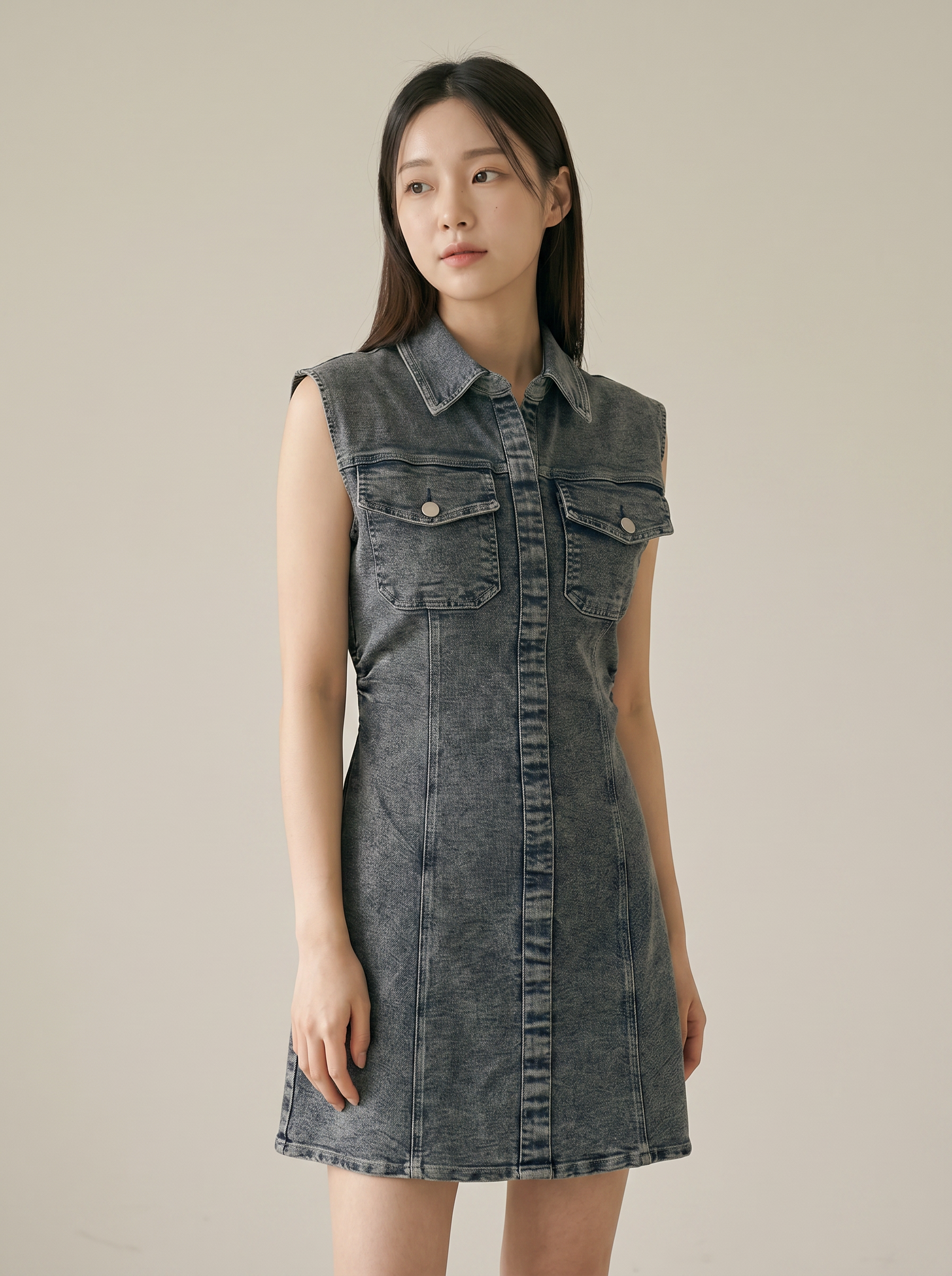 韩系ins风翻领皱褶收腰设计牛仔连身裙 (ST21628)