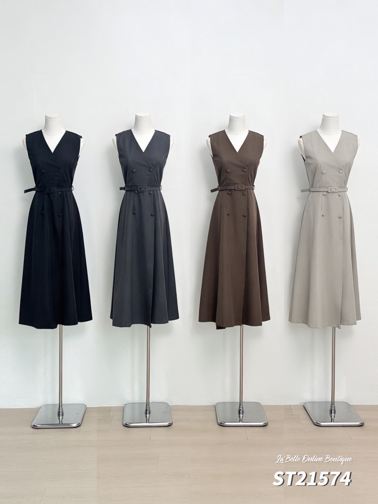 高级感马甲交叉V领设计连身裙 (ST21574)