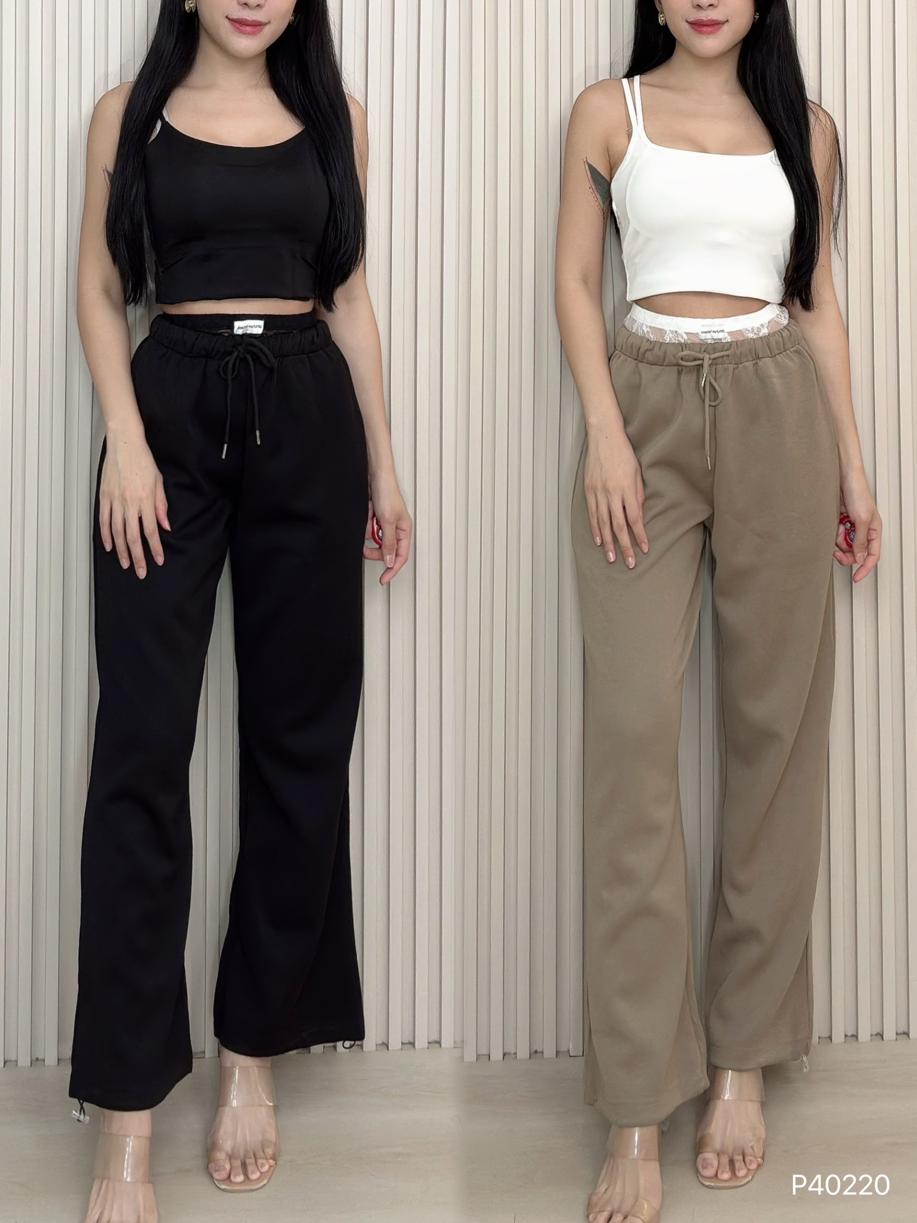 时尚蕾丝拼接抽绳设计高腰长裤 (P40220)