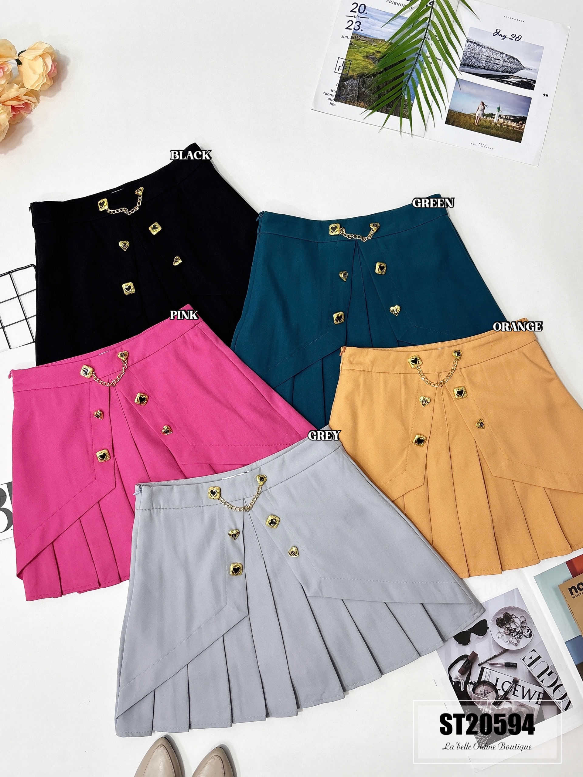 【LBP独家】高贵爱心金链条纽扣设计百褶裤裙（ST20594）