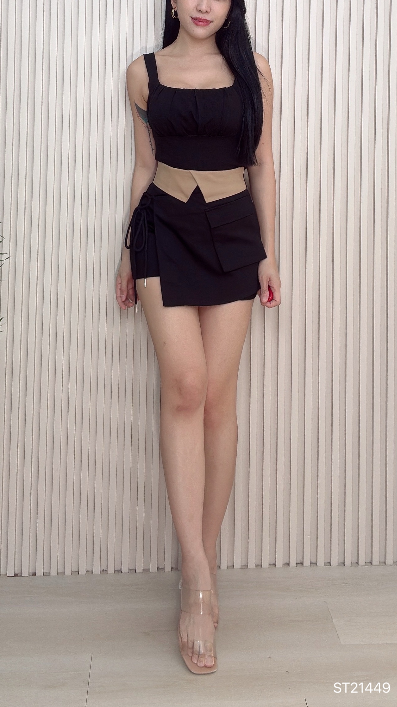 【LBP独家】百搭撞色系带设计A字高腰裤裙 (ST21449)