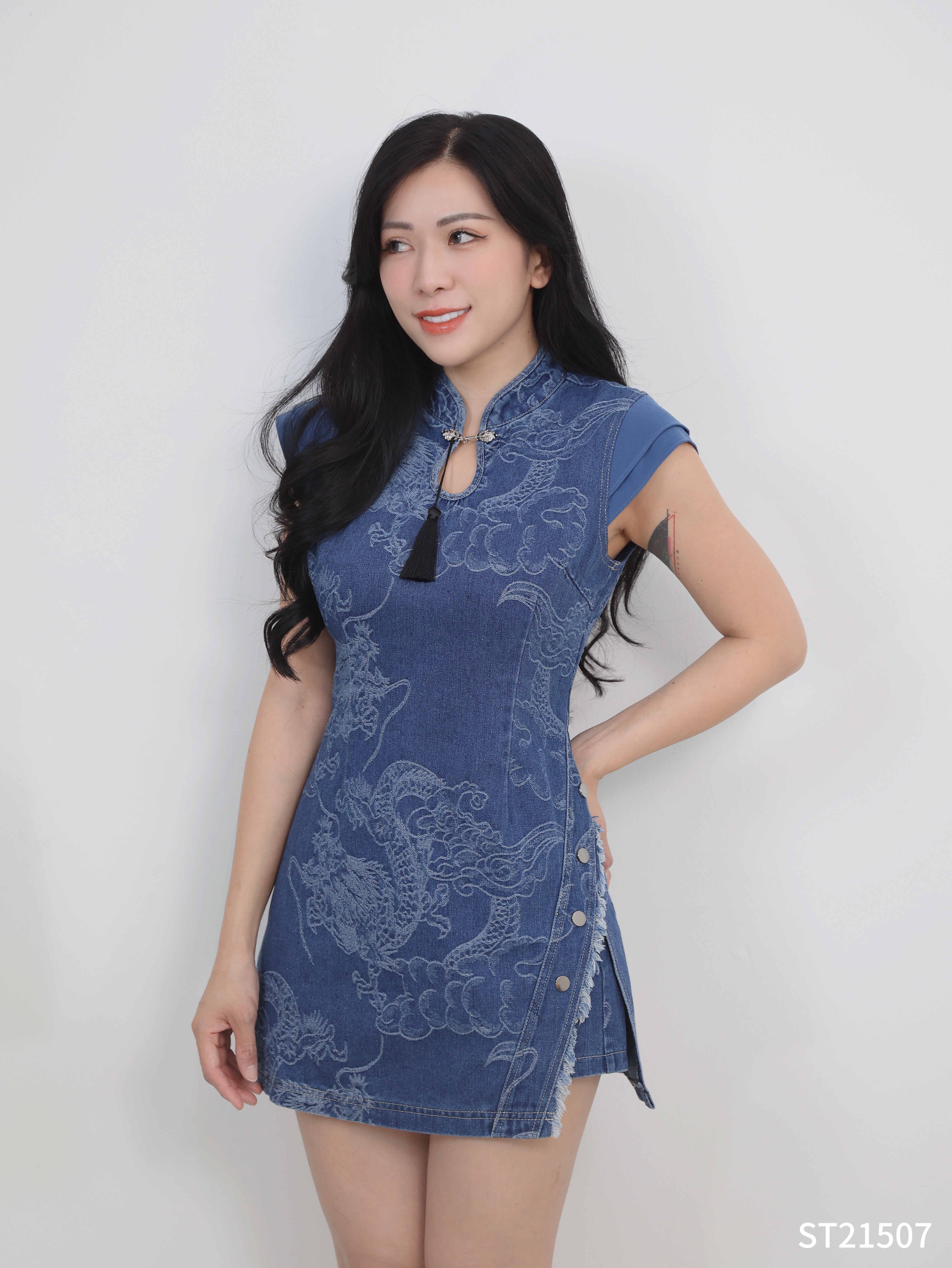 帅气牛仔旗袍两件套 (ST21507)