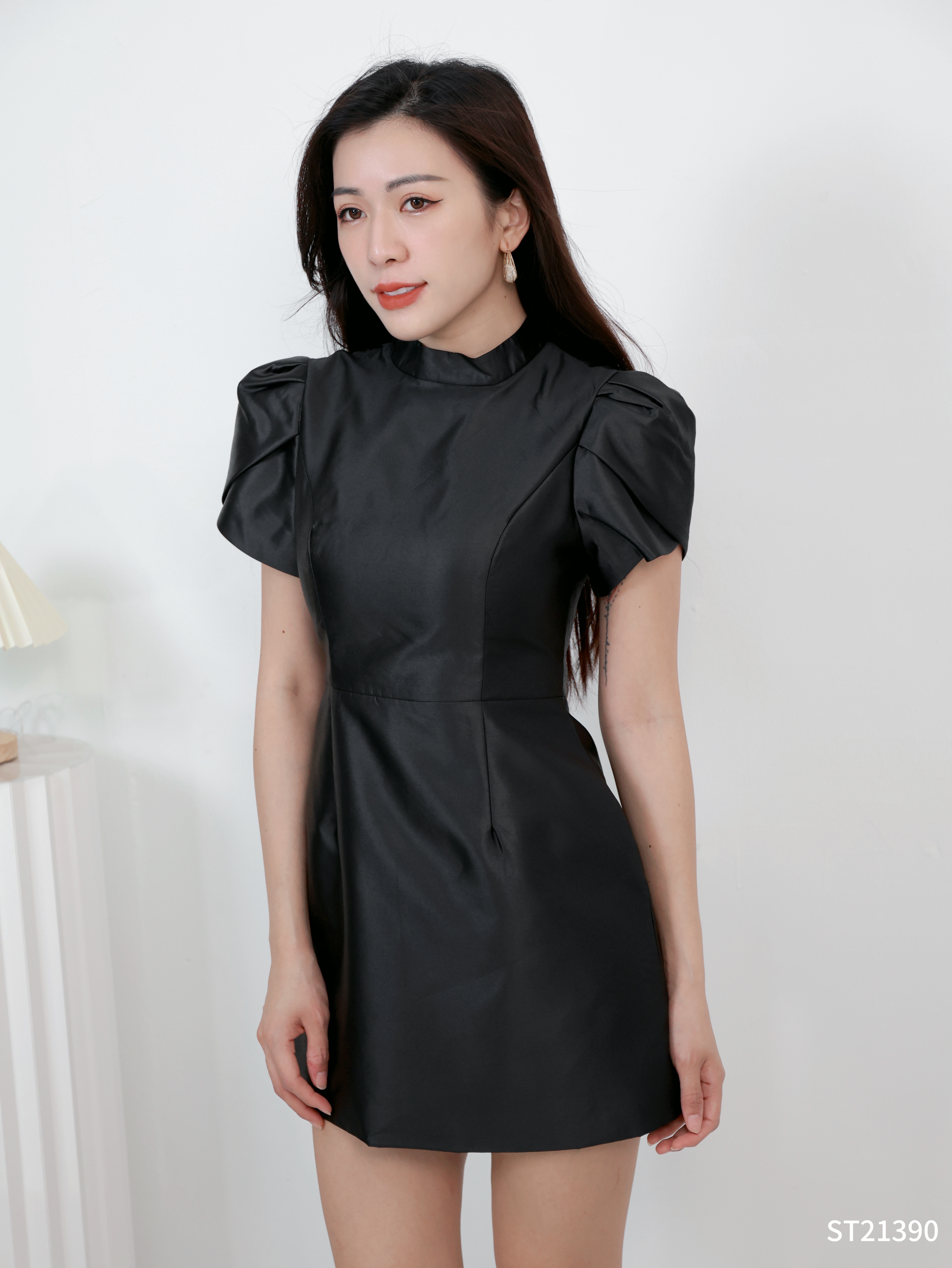 名媛风收腰显瘦立领连身裙 (ST21390)