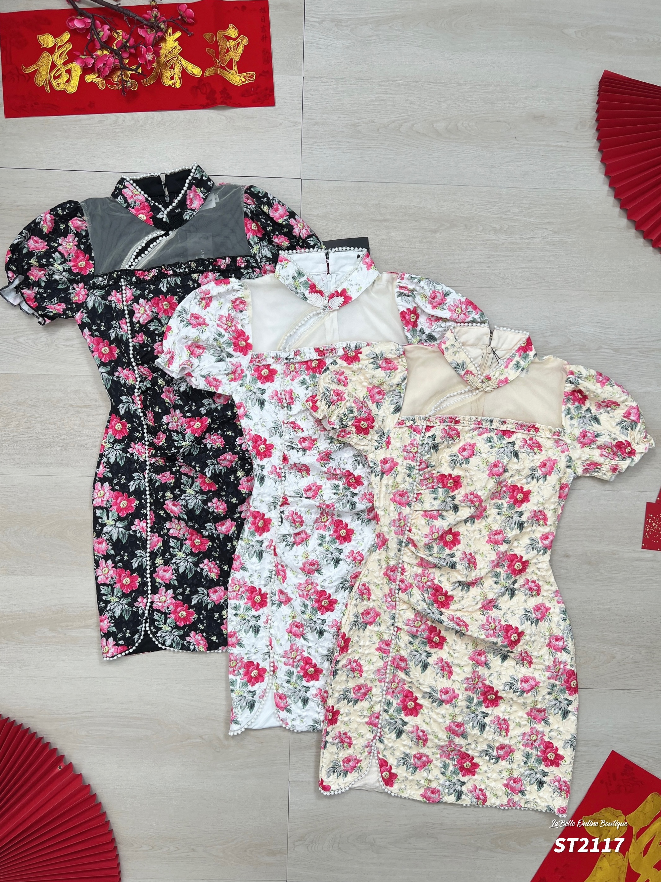 【LBP GXFC 独家新年系列】改良版复古风碎花旗袍连身裙 (ST21117)-La'Belle Fashion Boutique Sdn Bhd