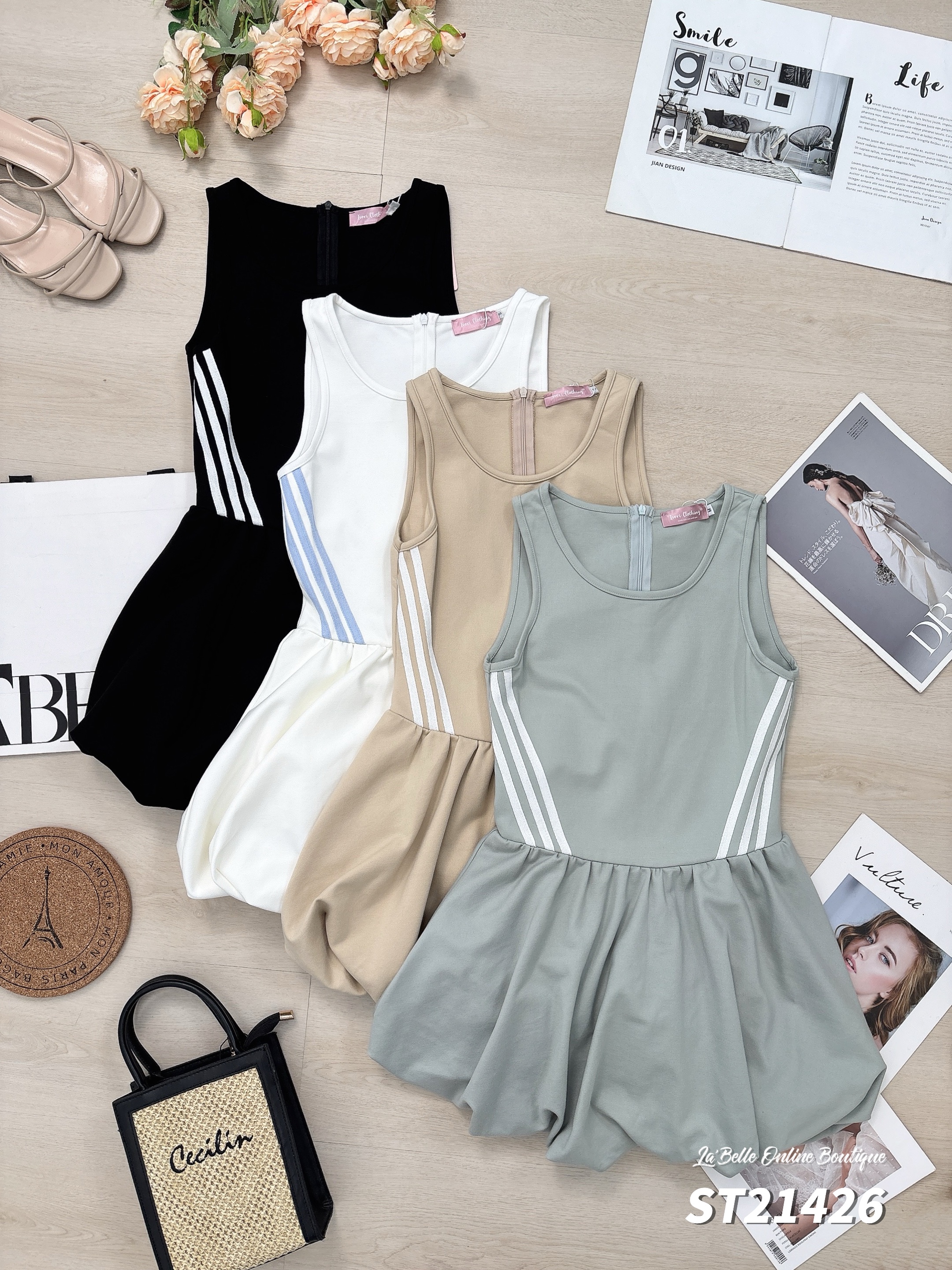 休闲运动风花苞摆条纹设计连身裤裙 (ST21426)