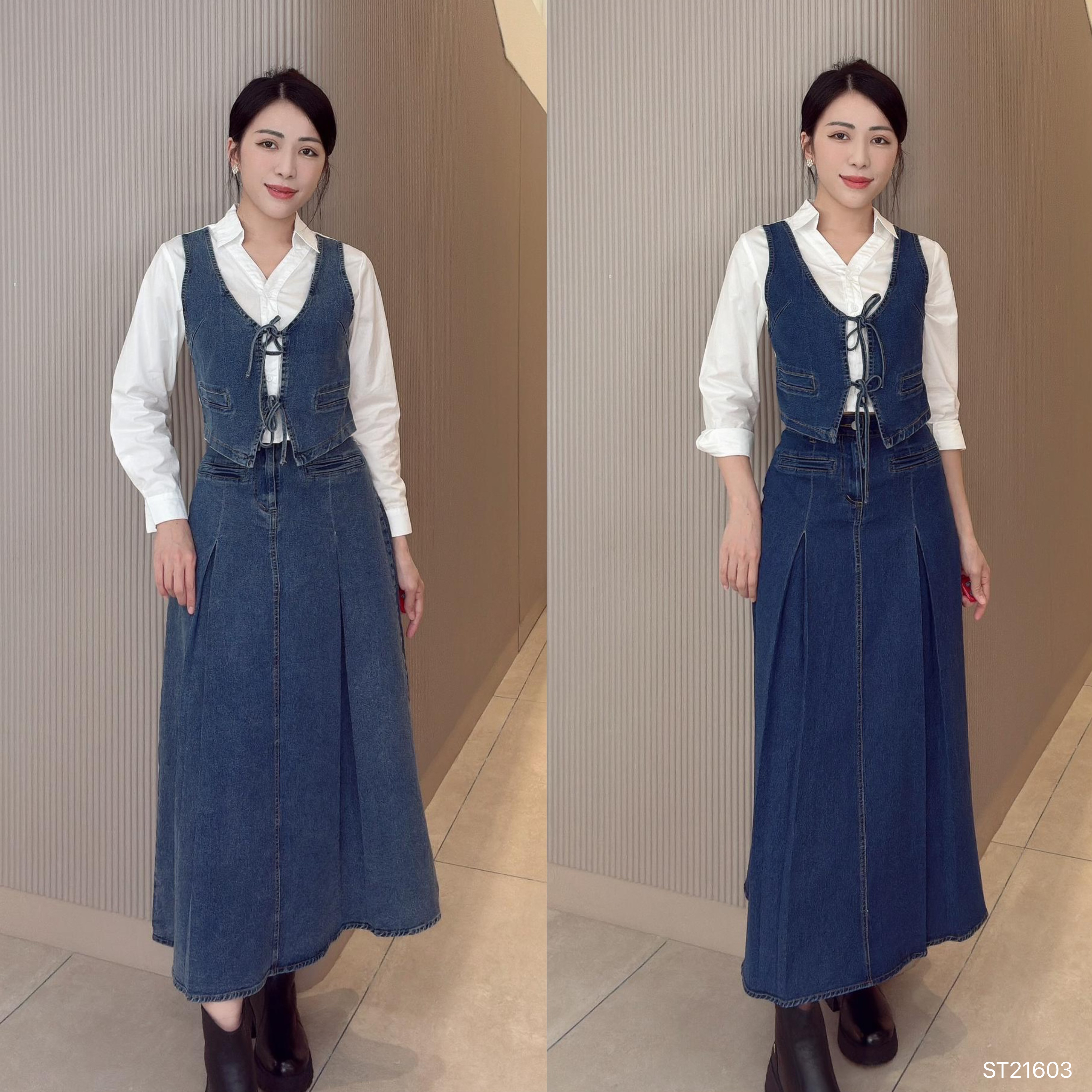 复古酷风牛仔两件套 (ST21603)