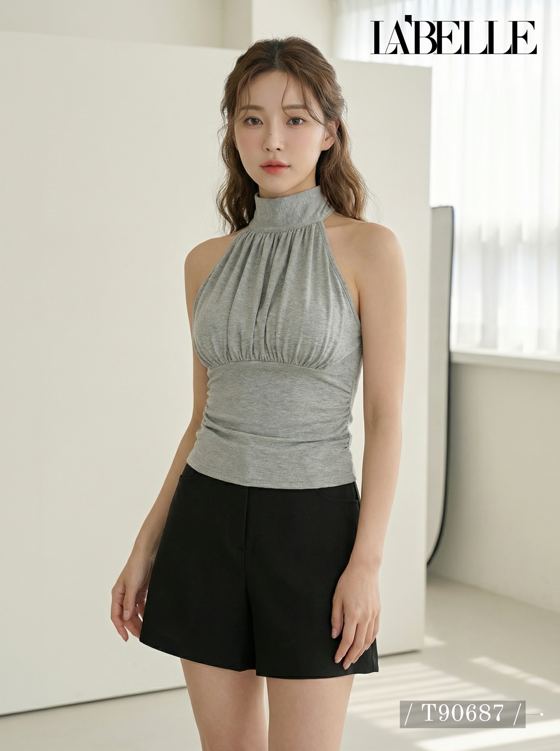 纯欲风褶皱挂脖绑带美背上衣 (T90687)