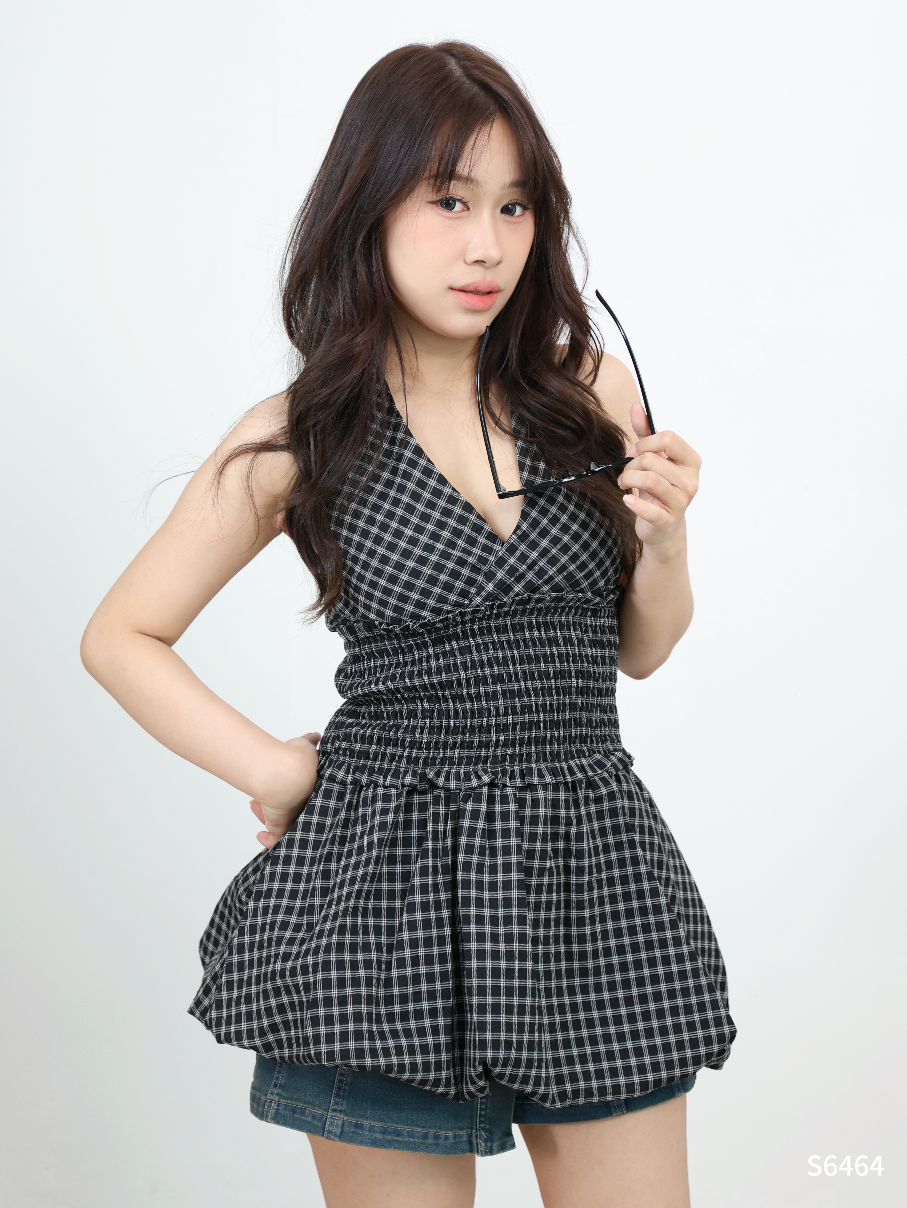 法式格子花苞挂脖V领连身裙 (S6464)