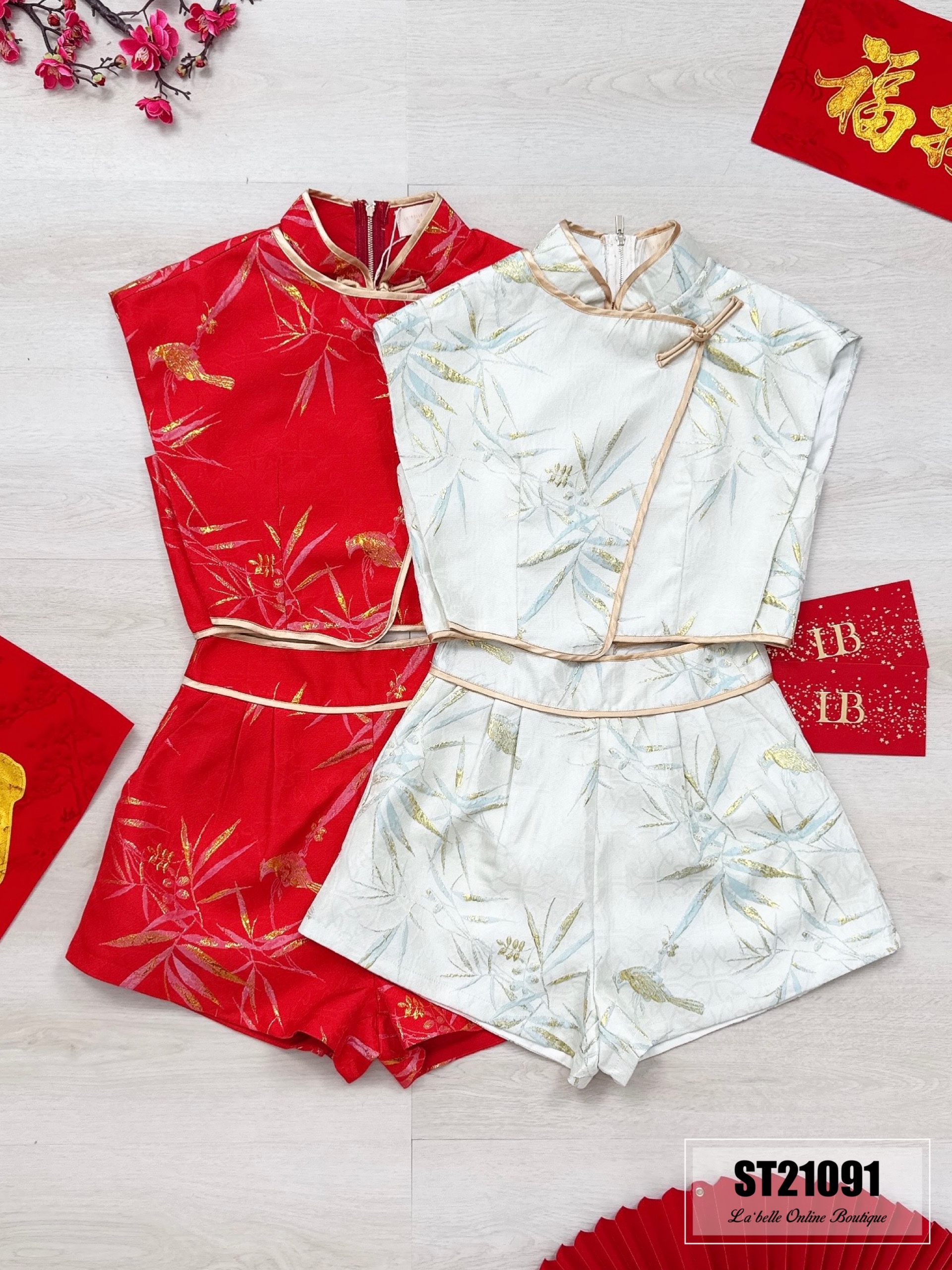 【LBP GXFC 独家新年系列 - 金枝玉叶】改良版唐装竹叶立体提花旗袍两件套 (ST21091)-La'Belle Fashion Boutique Sdn Bhd
