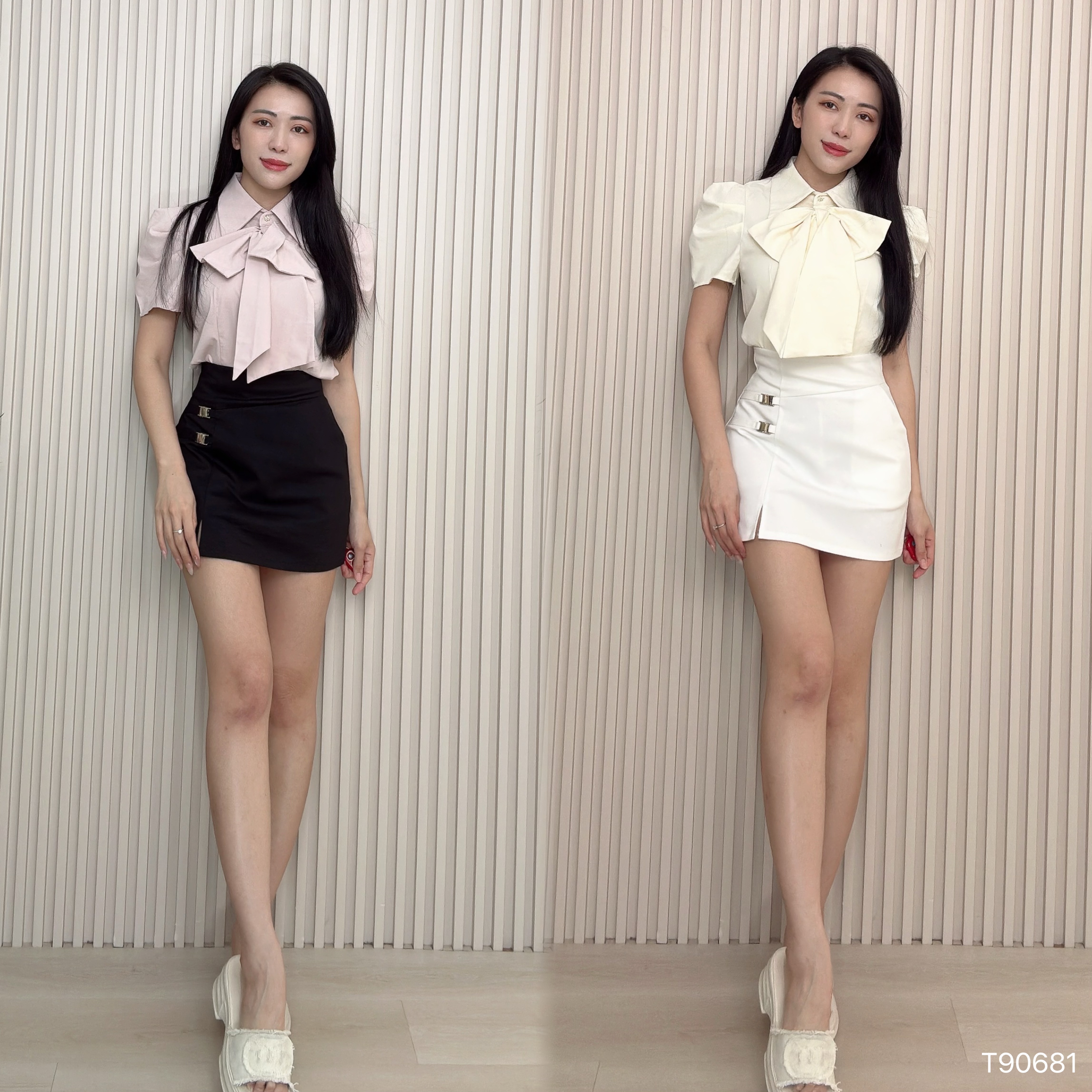 韩系气质大蝴蝶结泡泡袖设计上衣 (T90681)