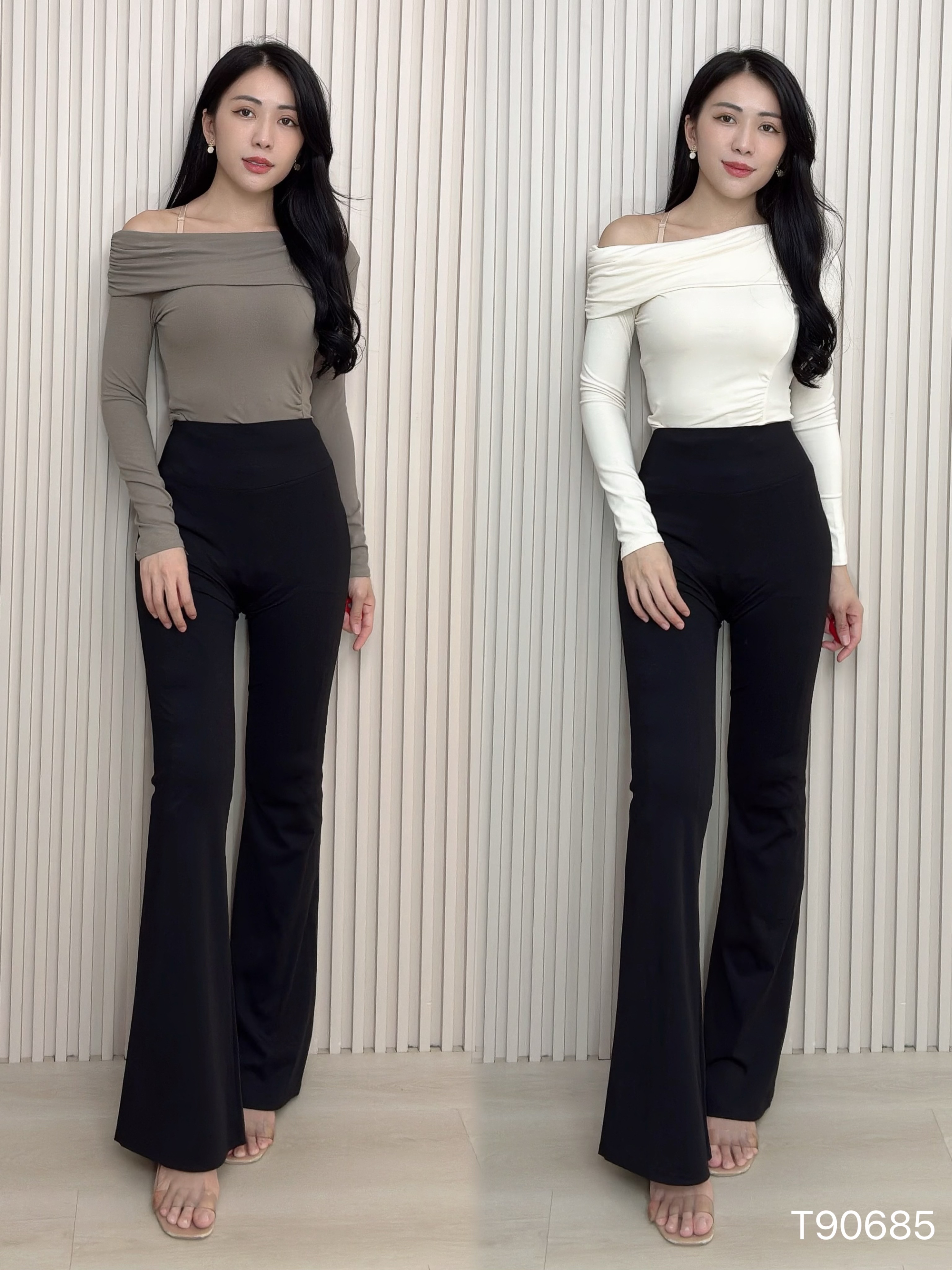 法式斜肩压皱设计长袖上衣 (T90685)