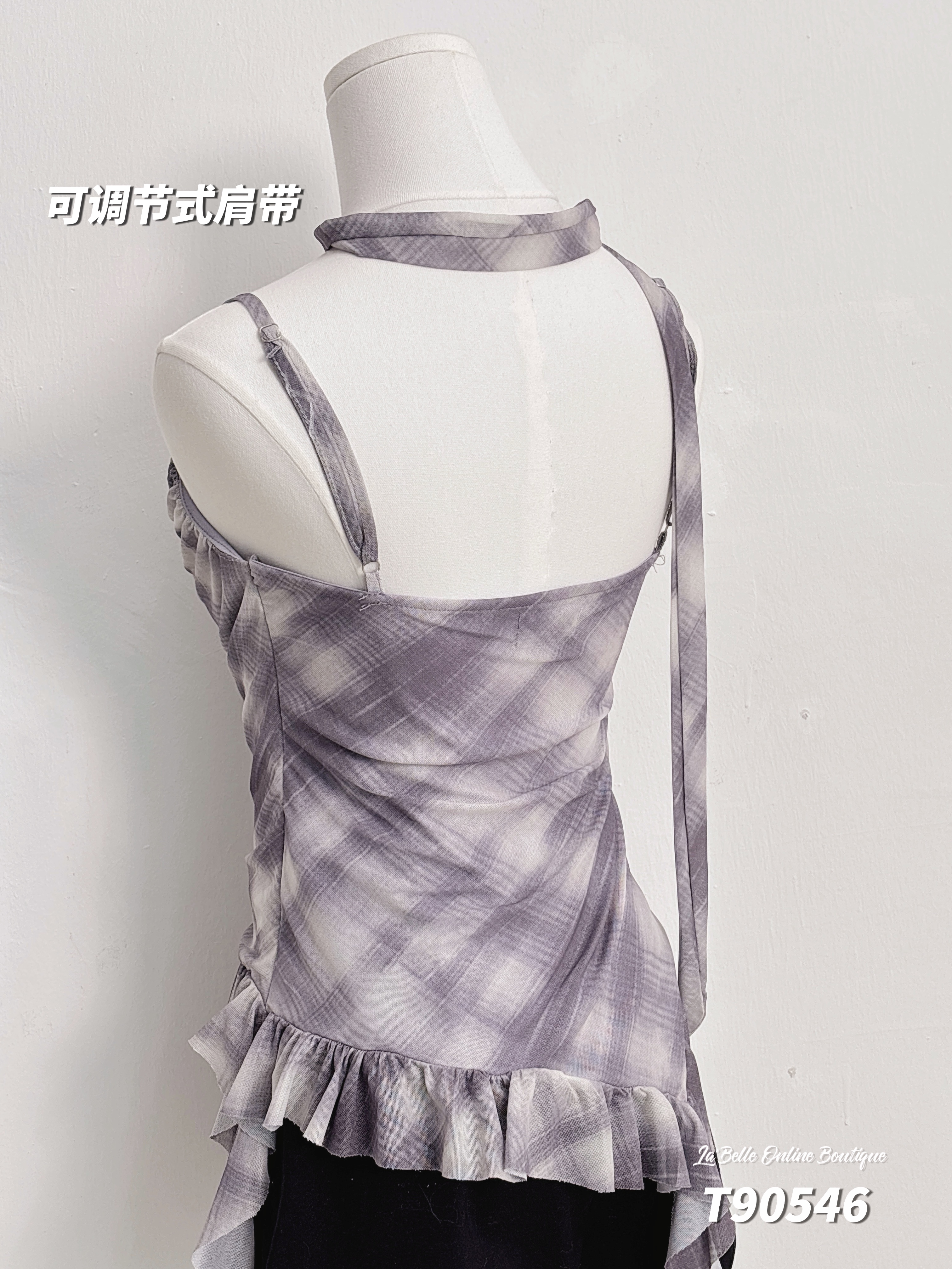 韩系不规则褶皱荷叶边设计吊带格子上衣 (T90546)