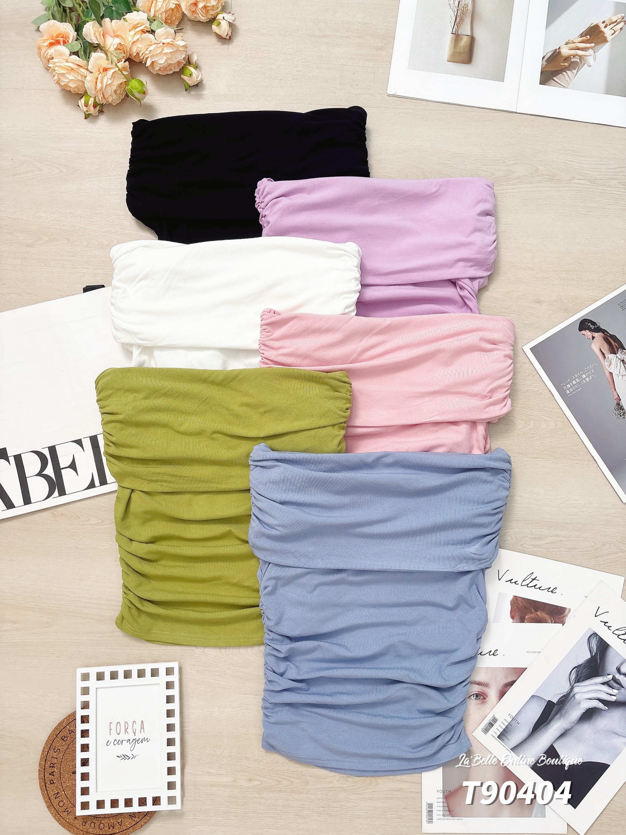 韩系卷边一字肩褶皱设计上衣 (T90404)