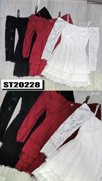 法式露肩蕾丝设计连身裙（ST20228）