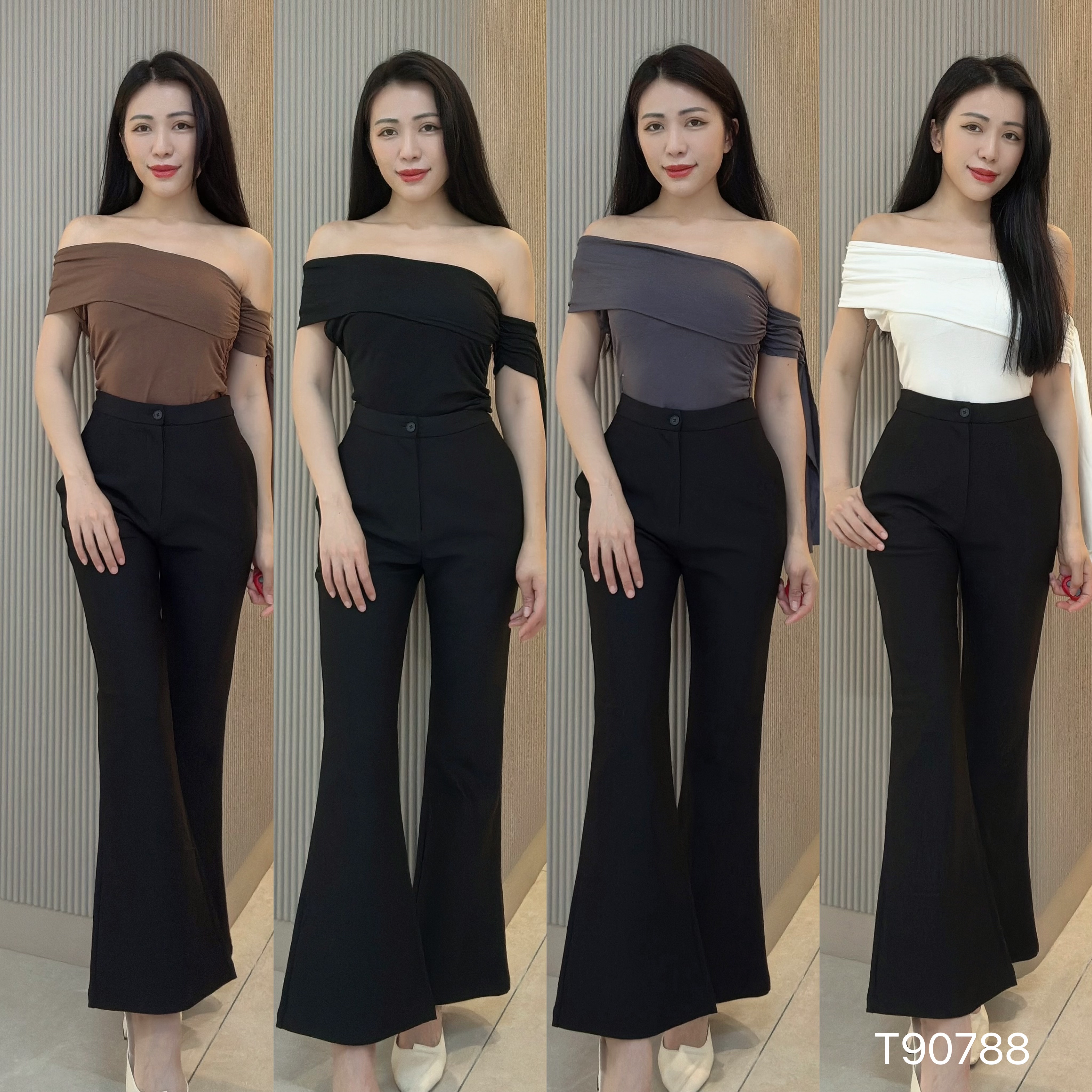 辣妹风褶皱飘带设计一字肩上衣 (T90788)