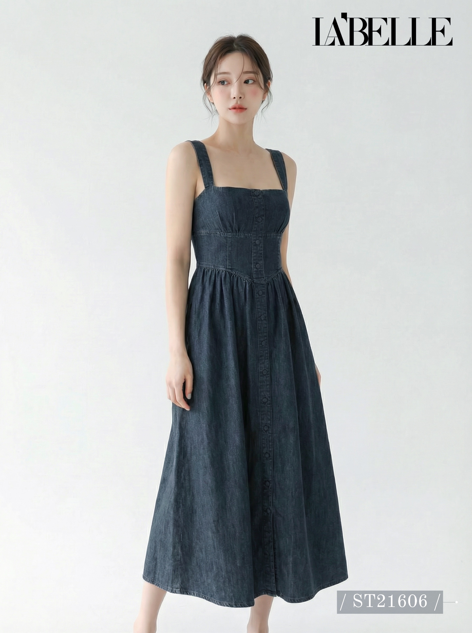 韩系排扣束腰吊带连身裙 (ST21606)