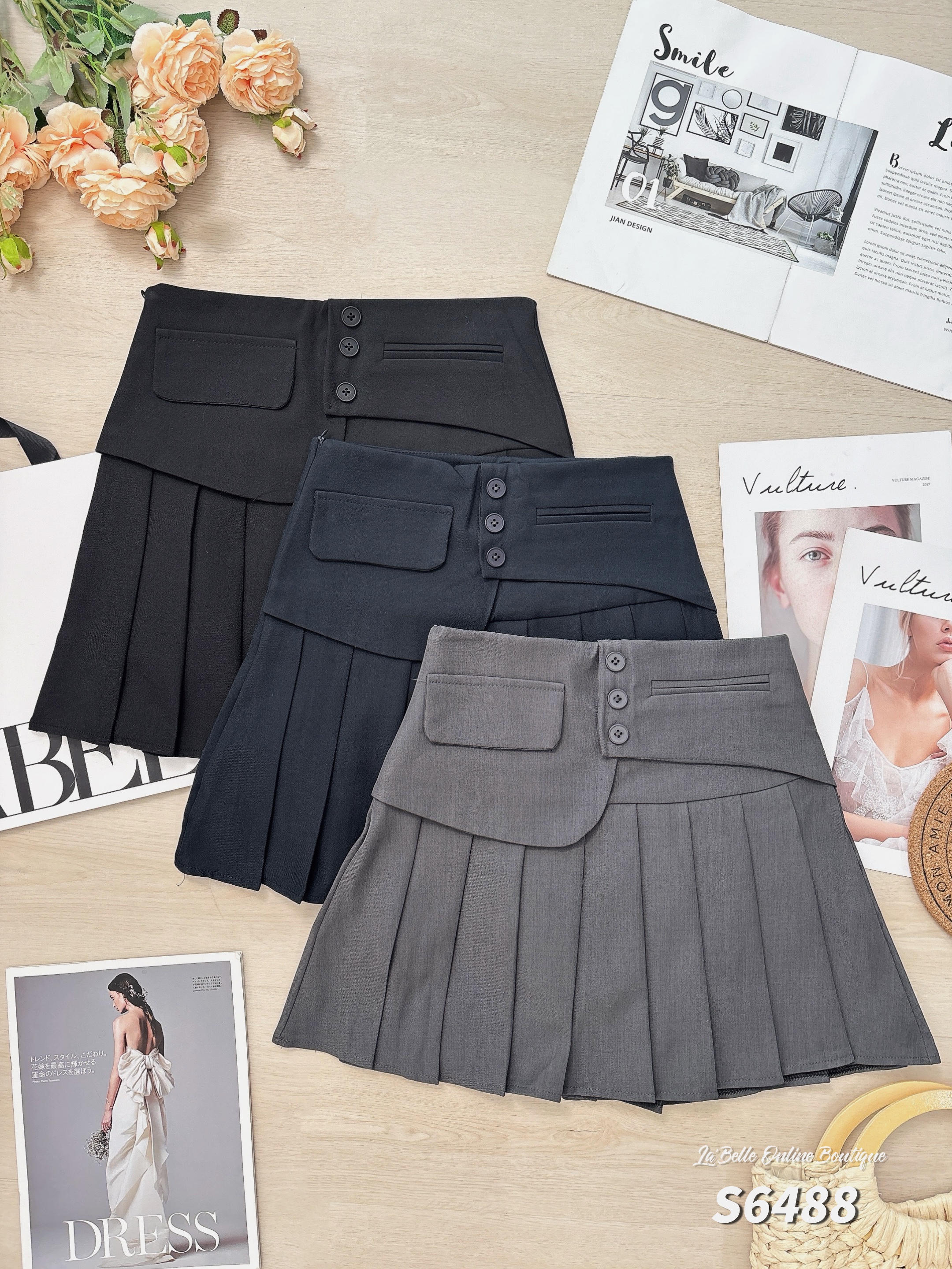 韩系百褶设计A字高腰裤裙 (S6488)