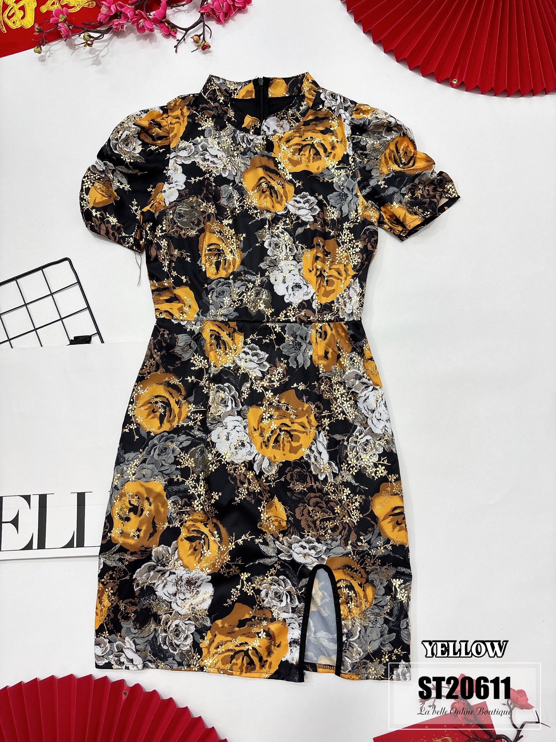 【LBP独家】复古风印花开叉设计改良版旗袍连身裙（ST20611）