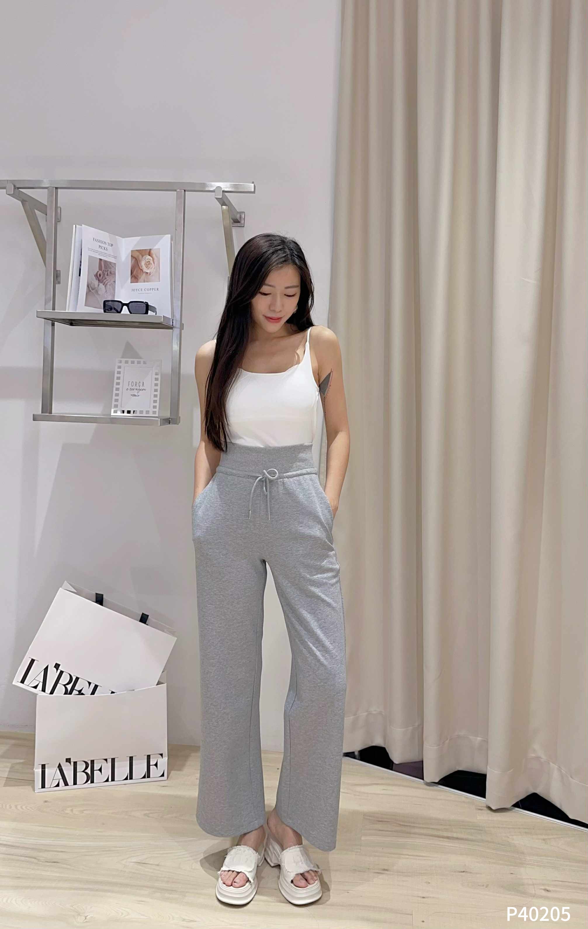 休闲抽绳设计直筒阔腿长裤 (P40205)