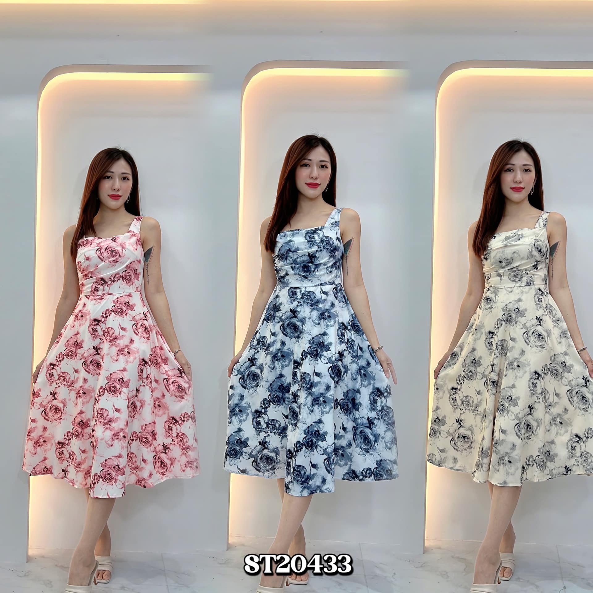 茶歇法式压褶设计大摆连身裙 (ST20433)