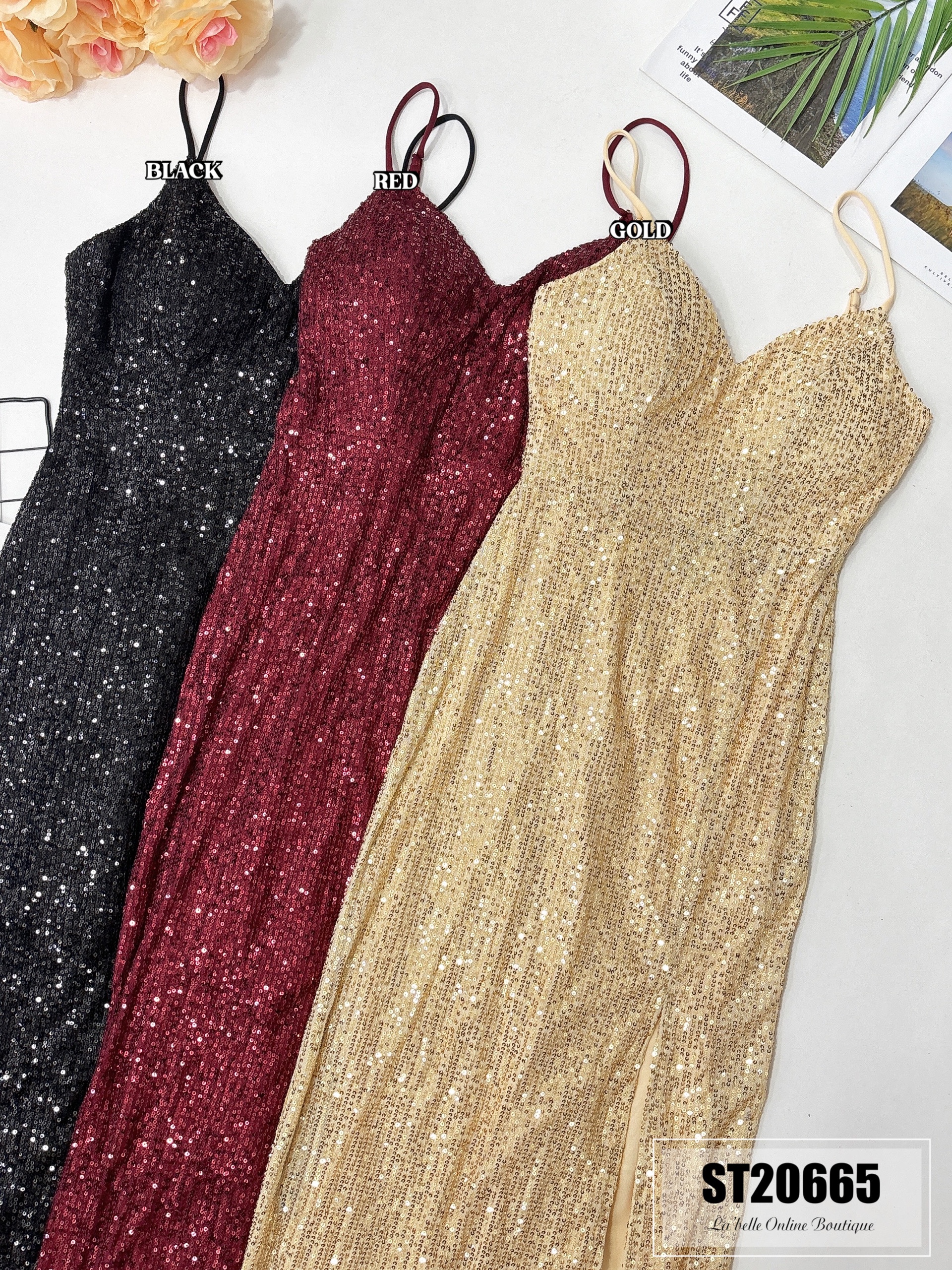 【LBP独家】性感闪亮亮开叉V领吊带连身裙（ST20665）