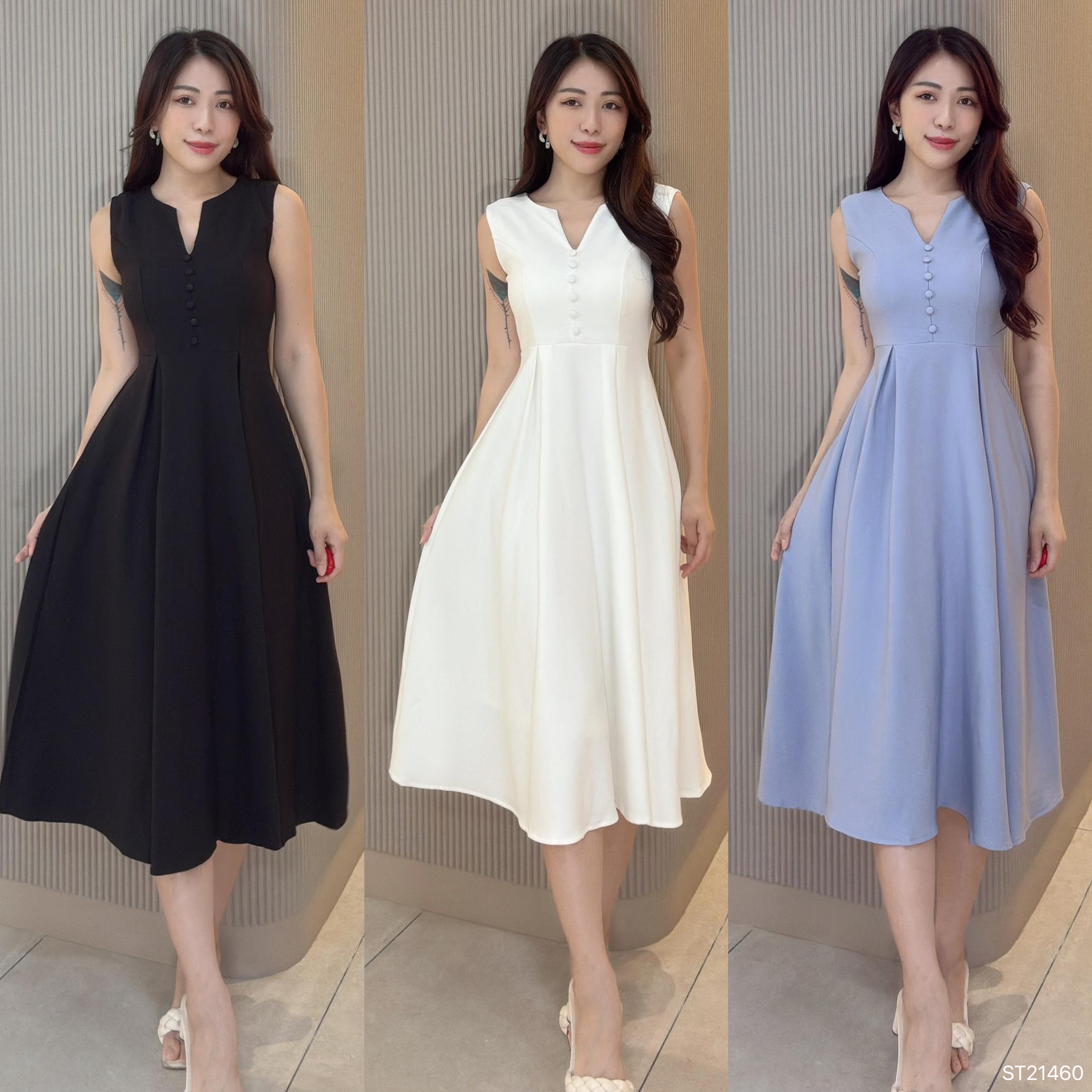 法式V领假纽扣设计无袖连身裙 (ST21460)
