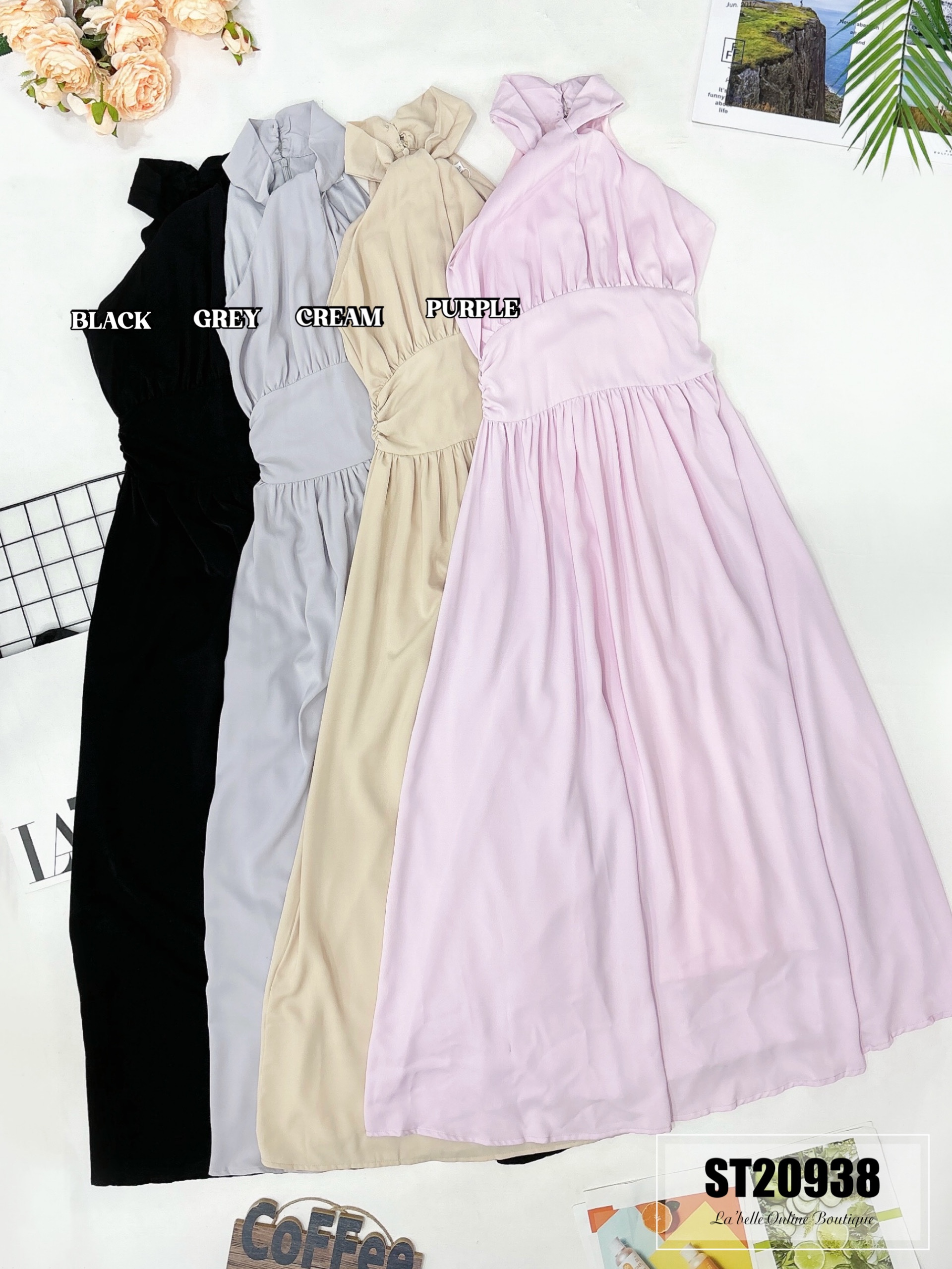 高级挂脖半高领连身长裙 (ST20938)