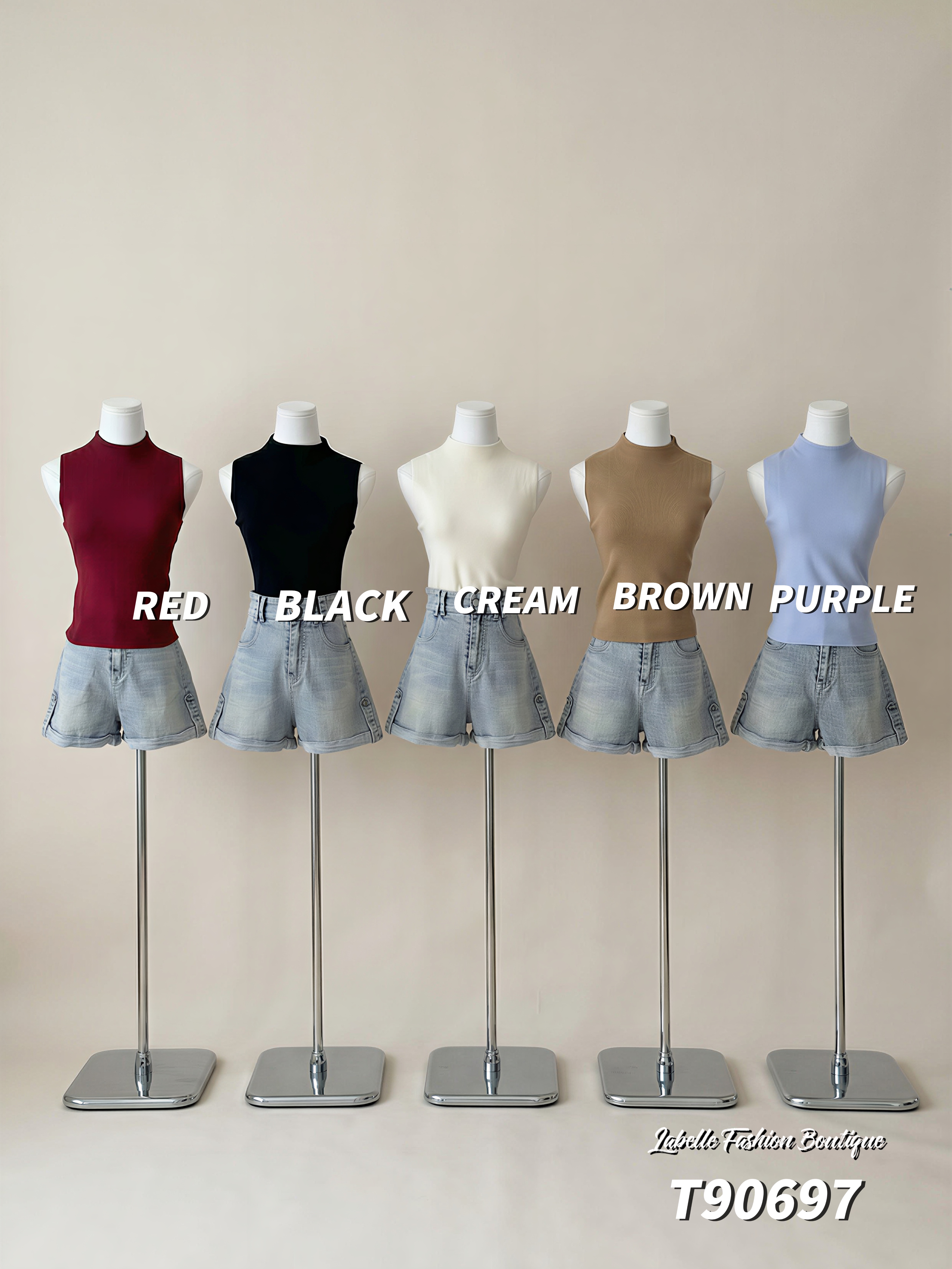 韩系纯色半高领针织无袖上衣 (T90697)