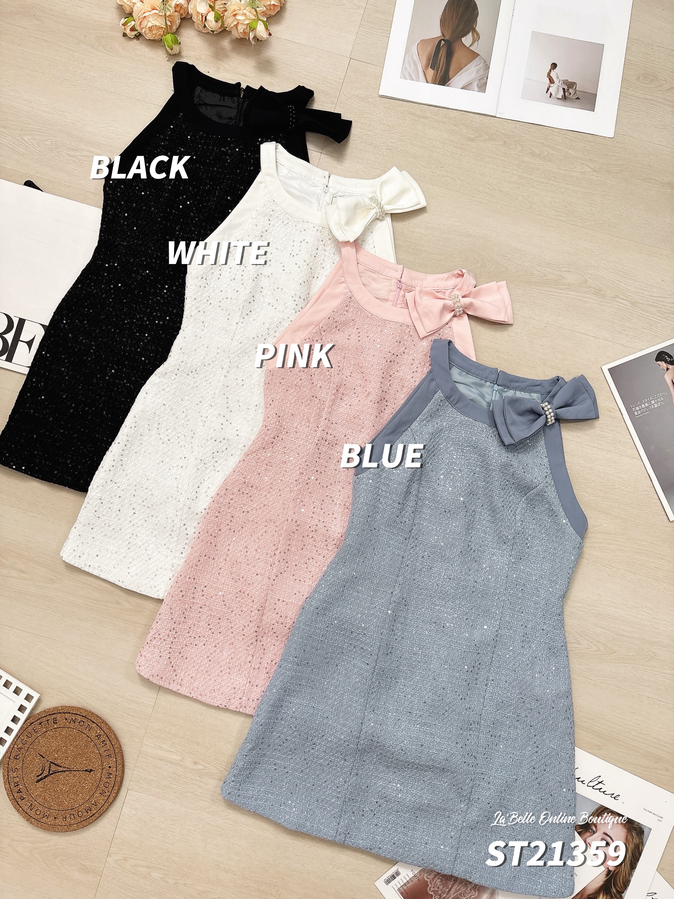 小香风Cut-in圆领蝴蝶结设计连身裙 (ST21359)