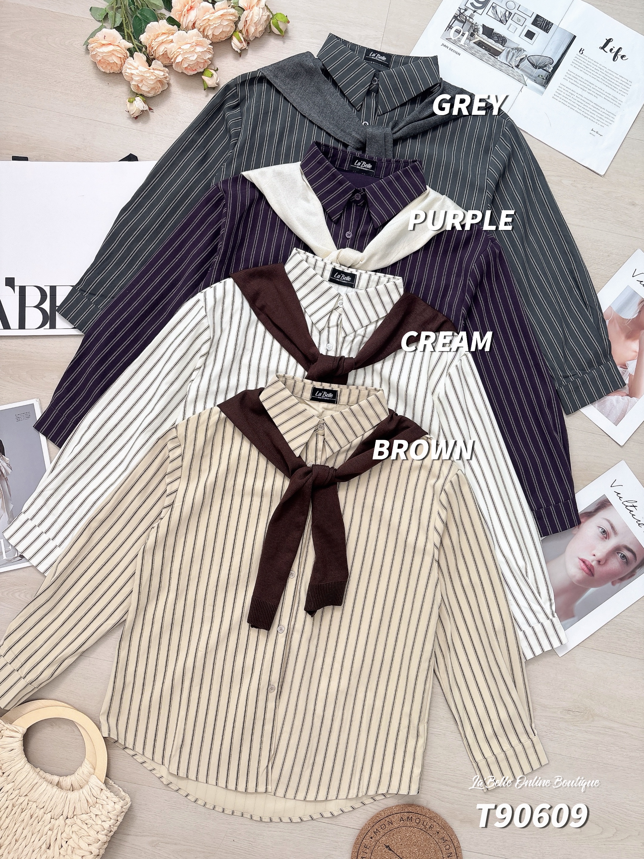 韩系条纹披肩设计长袖上衣 (T90609)