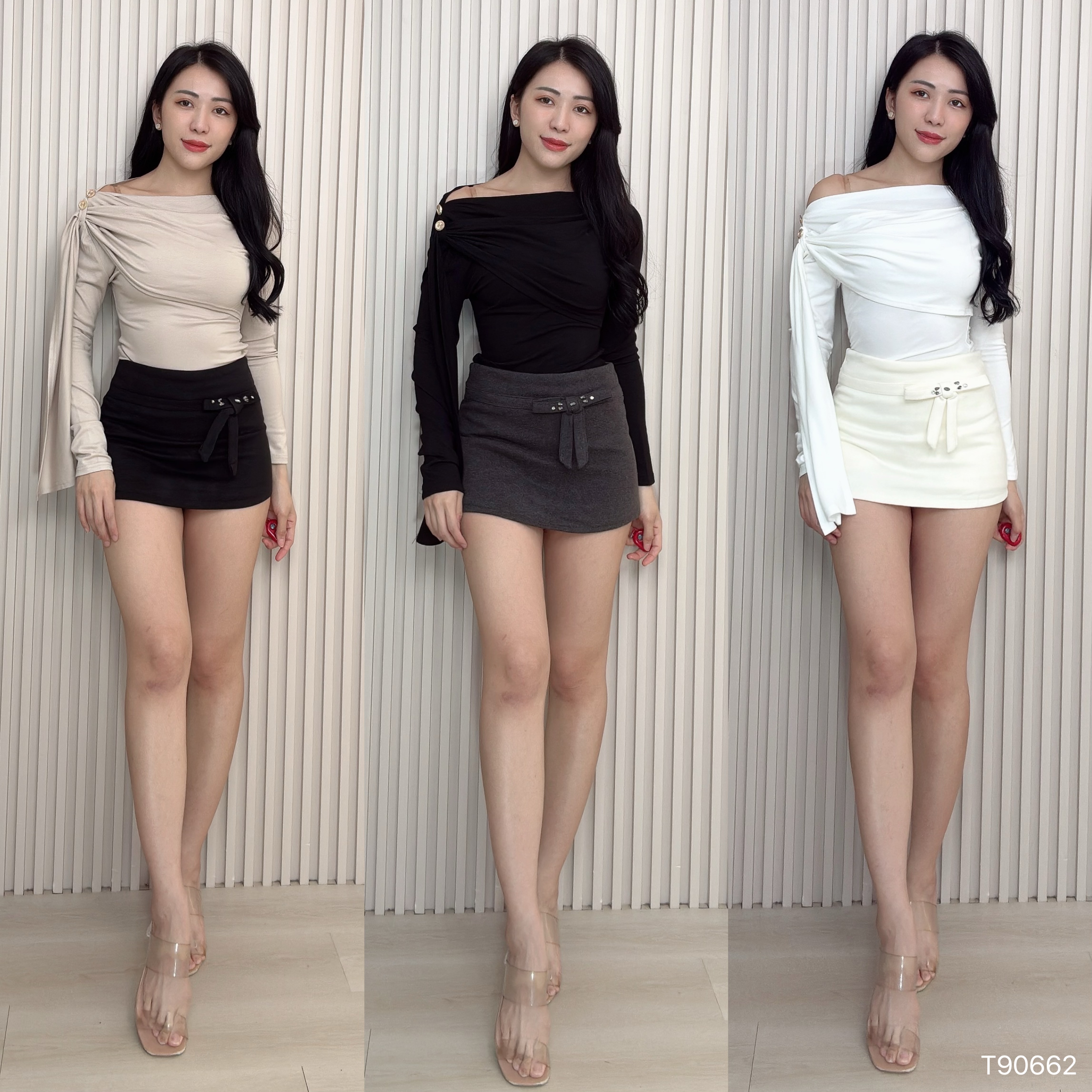 设计感拼接飘带斜领长袖上衣 (T90662)