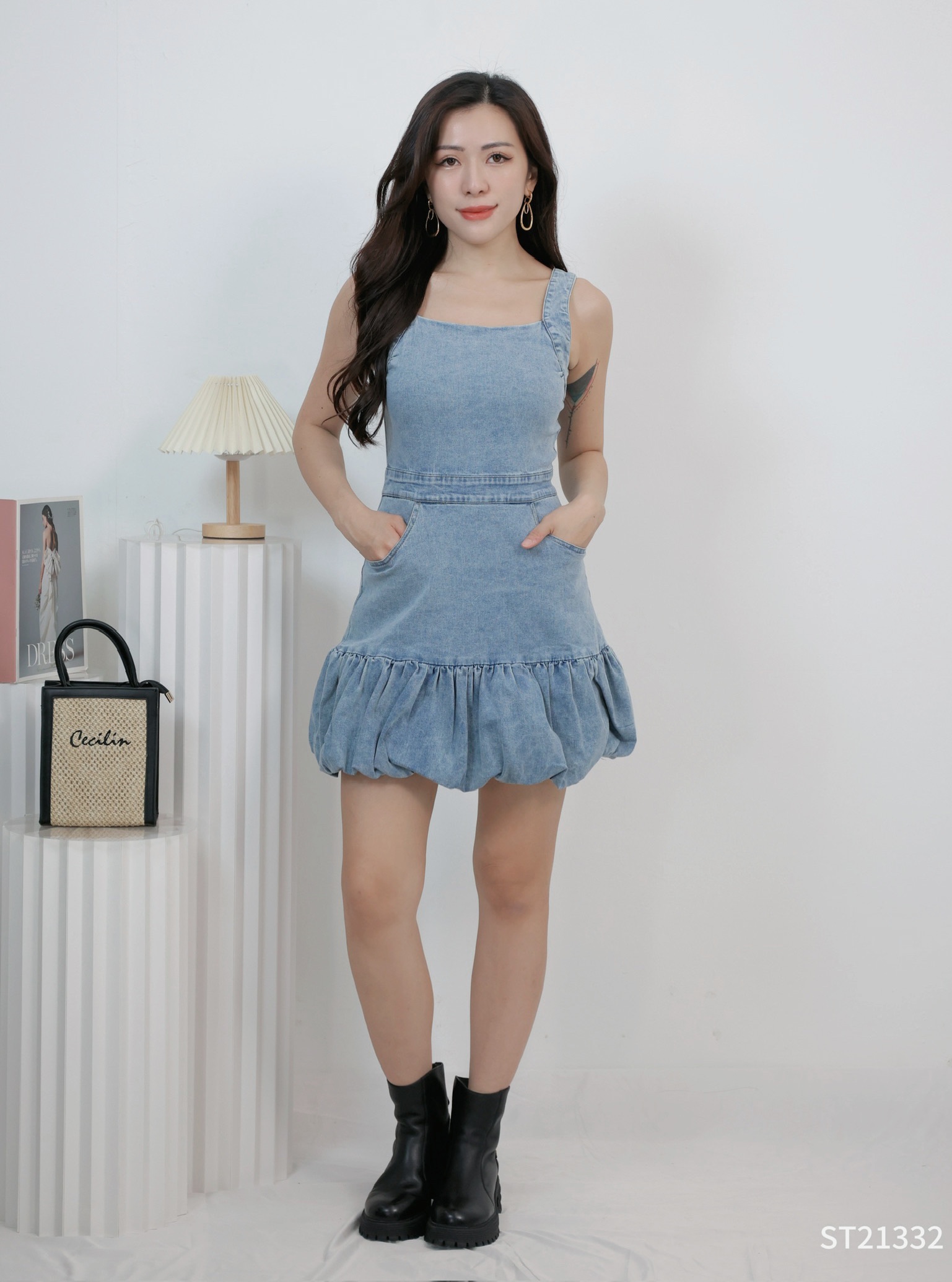 港风下摆花苞设计吊带连身裤裙 (ST21332)