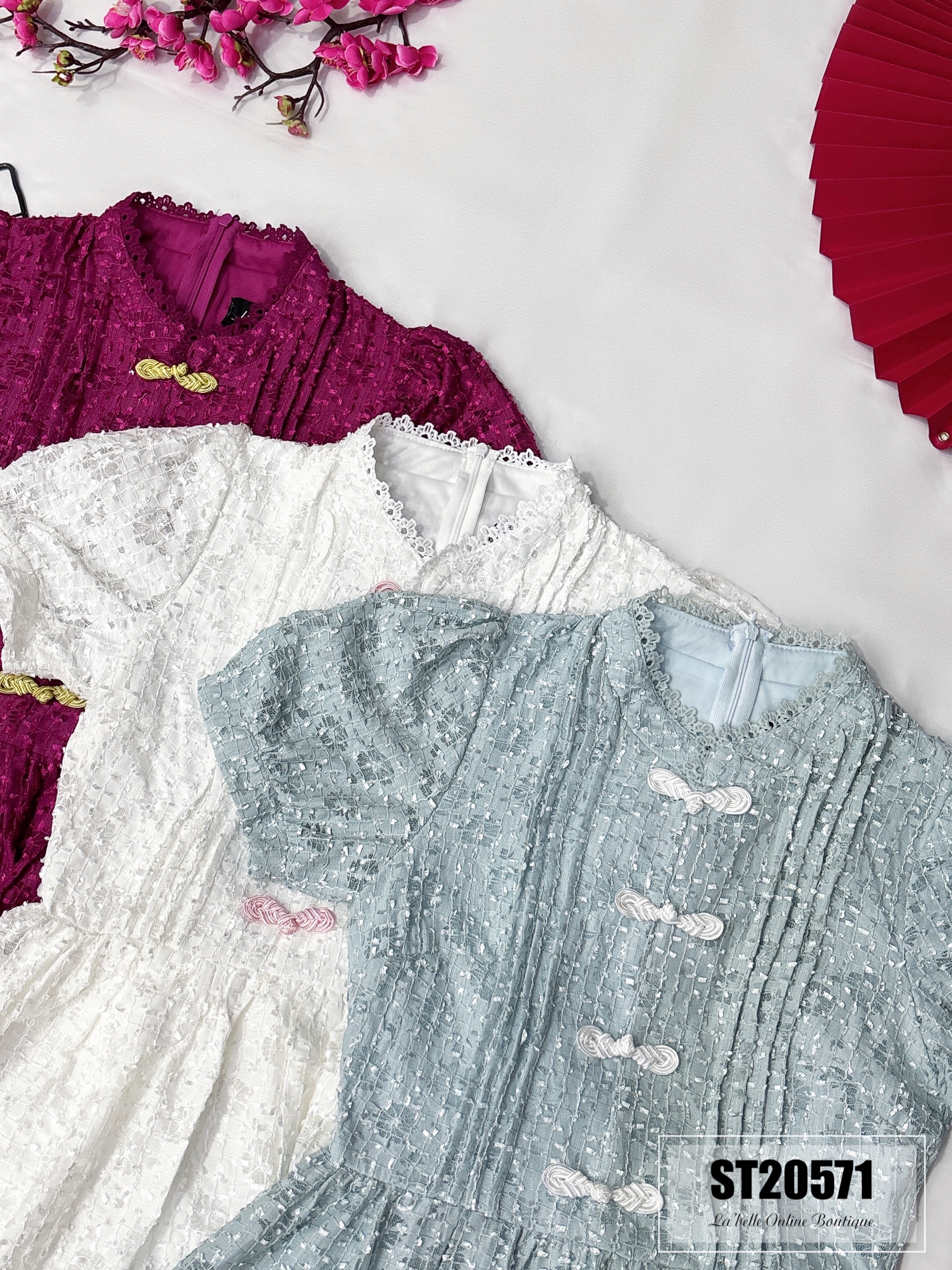 【LBP独家】复古中国结设计改良版旗袍百褶连身裤裙（ST20571）