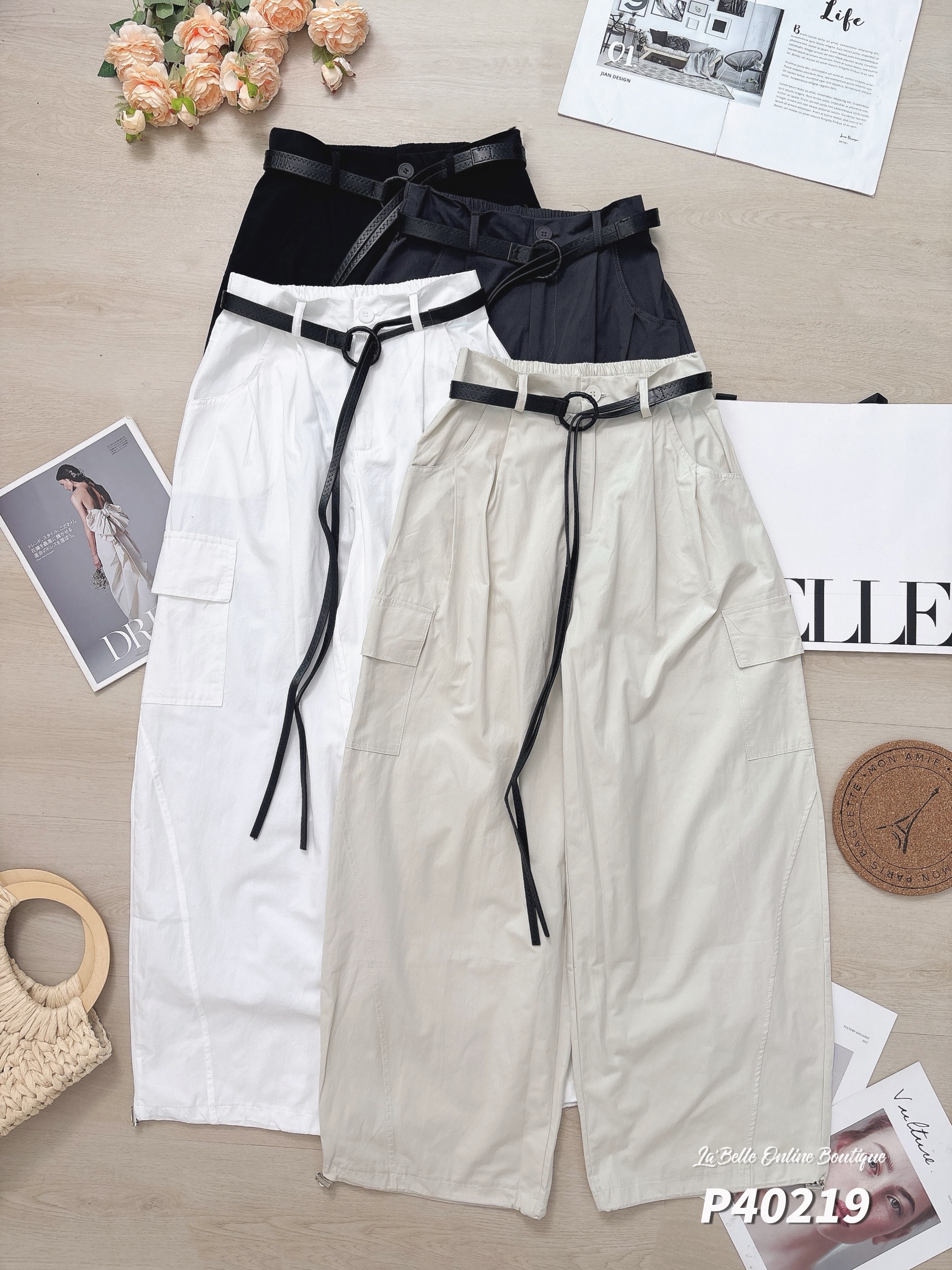 酷帅工装抽绳设计阔腿高腰长裤 (P40219)