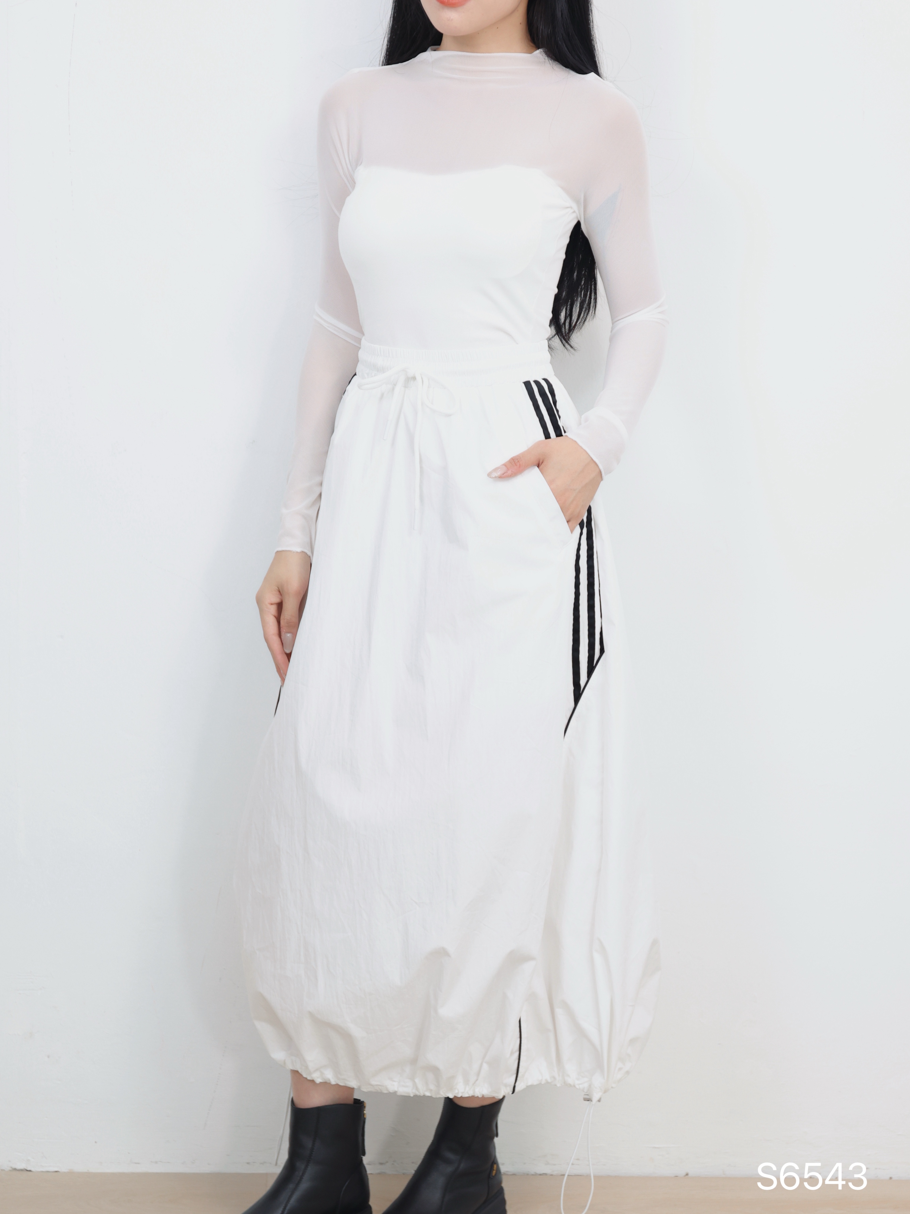 设计感A字抽绳设计高腰半身裙 (S6543)