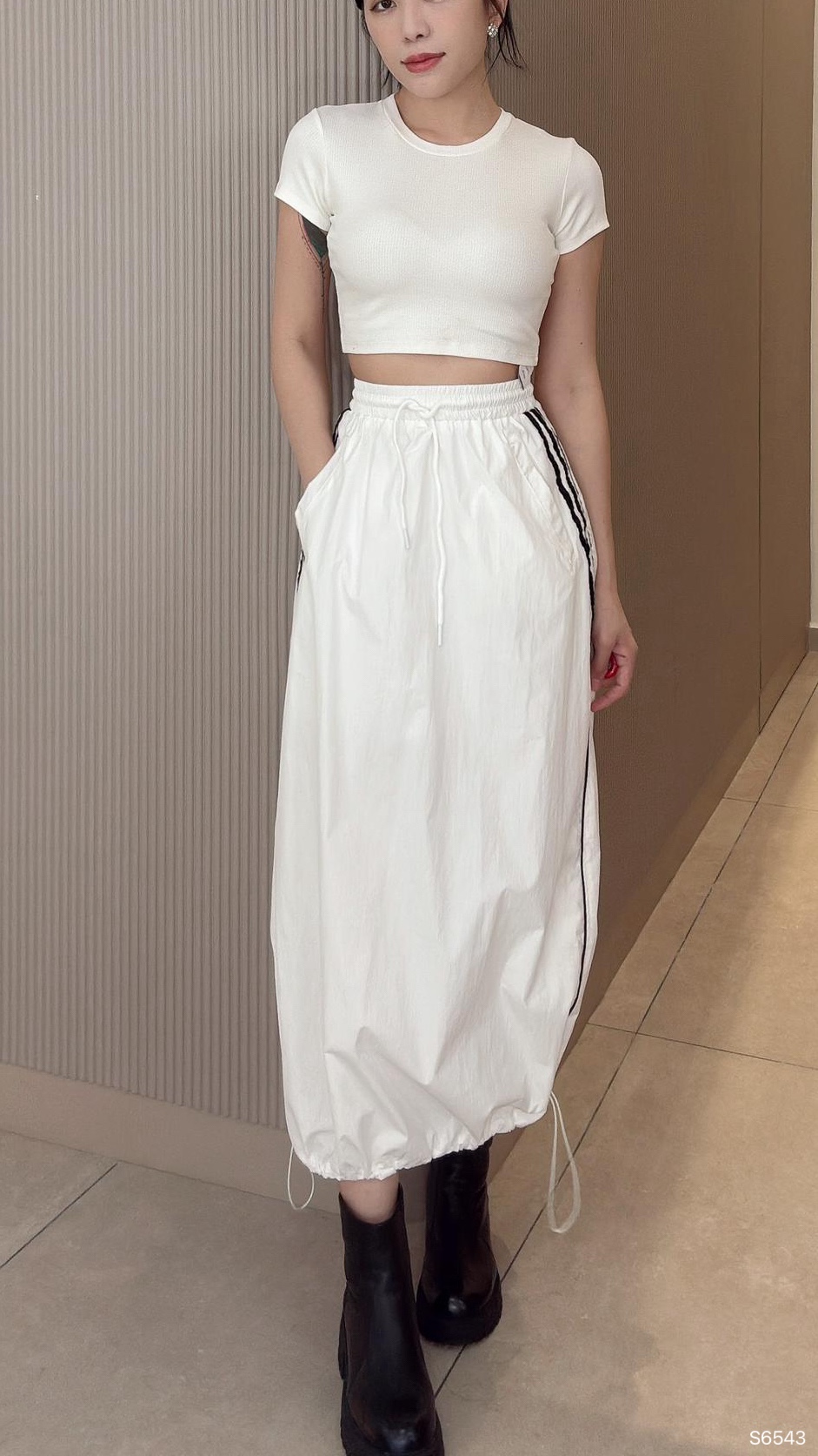 设计感A字抽绳设计高腰半身裙 (S6543)