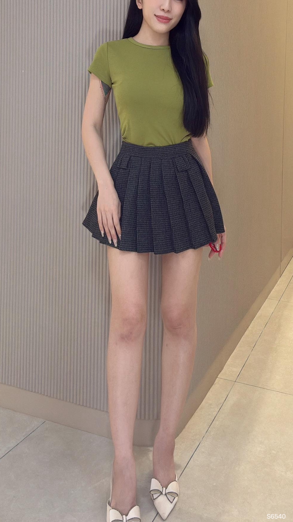 复古千鸟格百褶设计高腰短裙 (S6540)