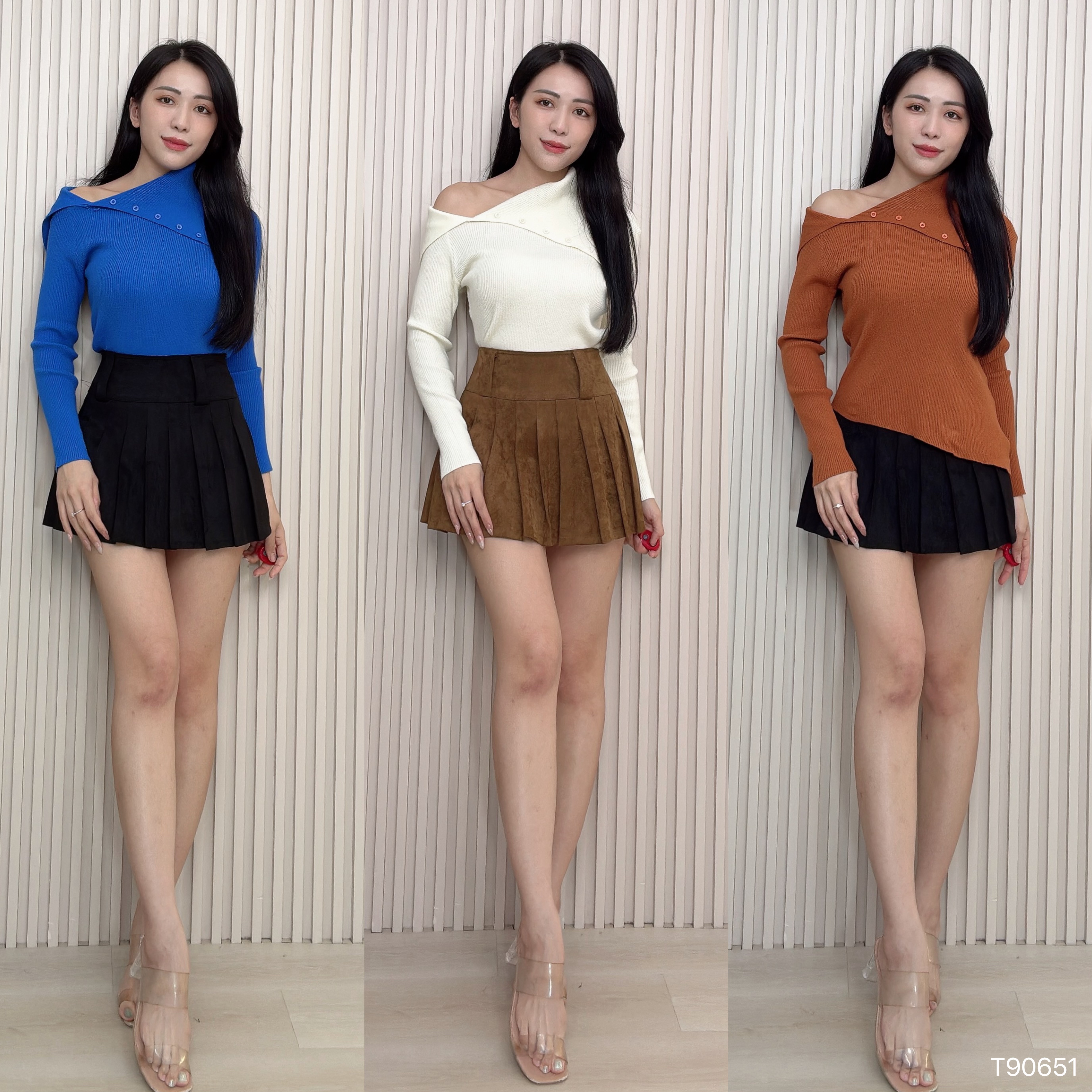 法式一字肩大翻领不规则上衣 (T90651)